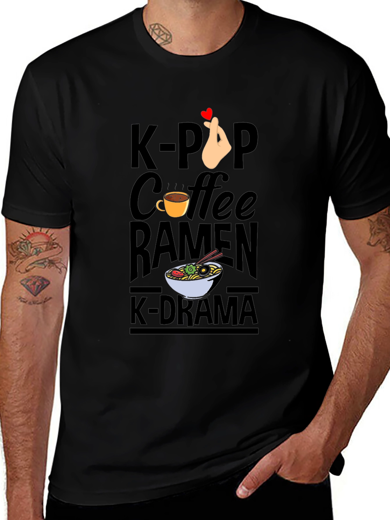 K-Pop Coffee Ramen K-Drama Black T-Shirt