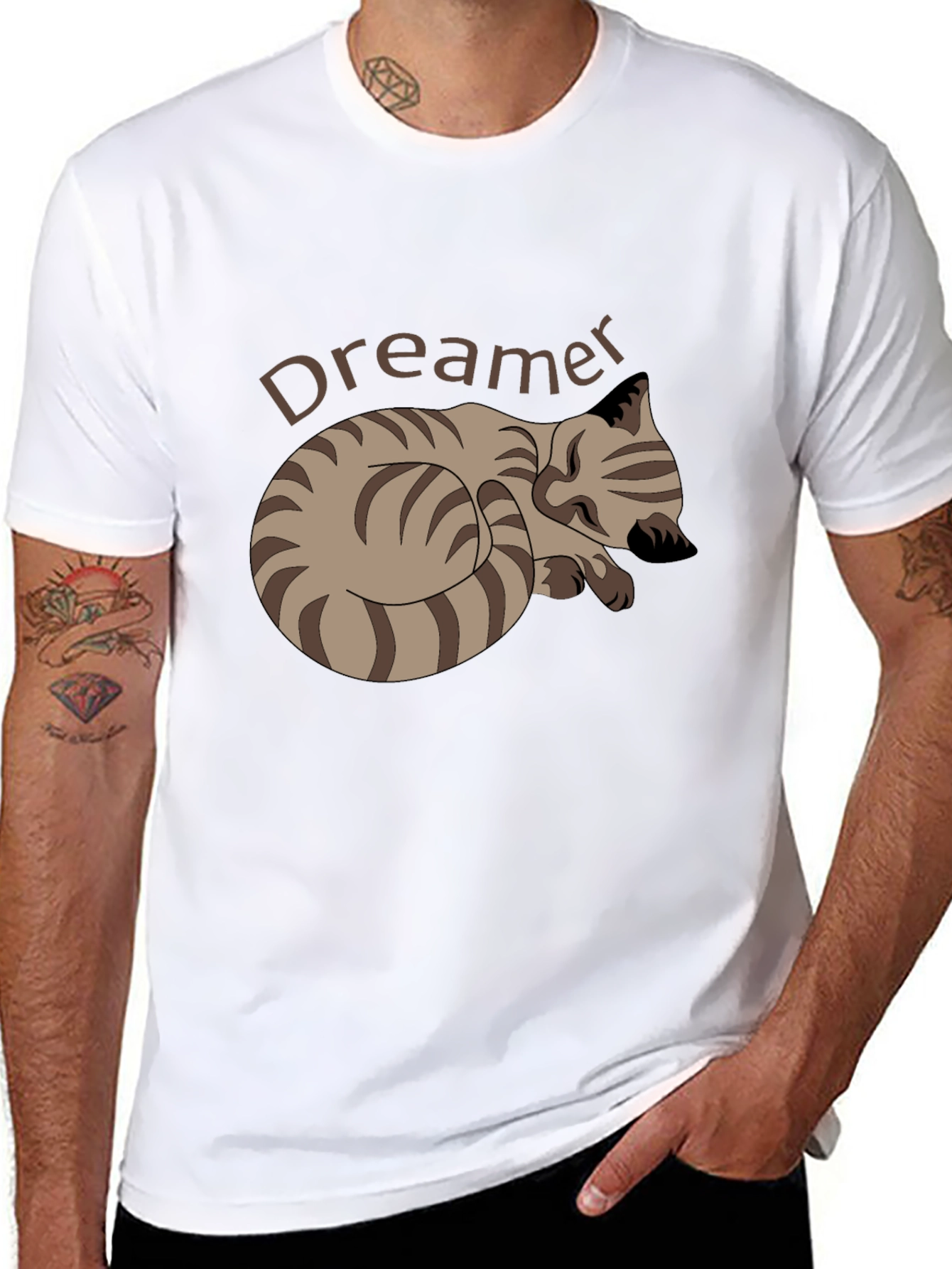 Dreamer Cat Graphic Tee - Black Cotton Casual T-Shirt