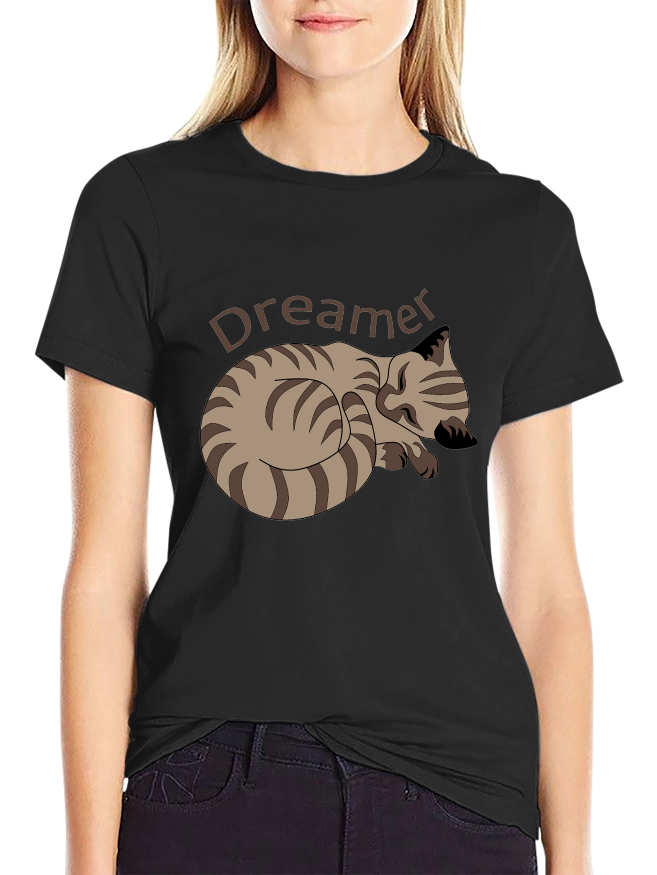 Dreamer Cat Graphic Tee - Black Cotton Casual T-Shirt