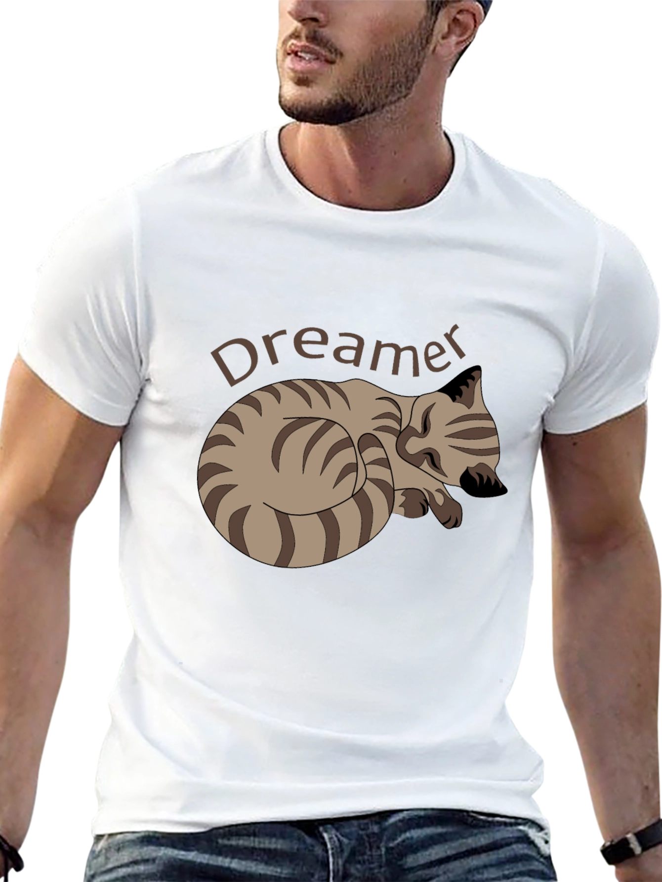 Dreamer Cat Graphic Tee - Black Cotton Casual T-Shirt