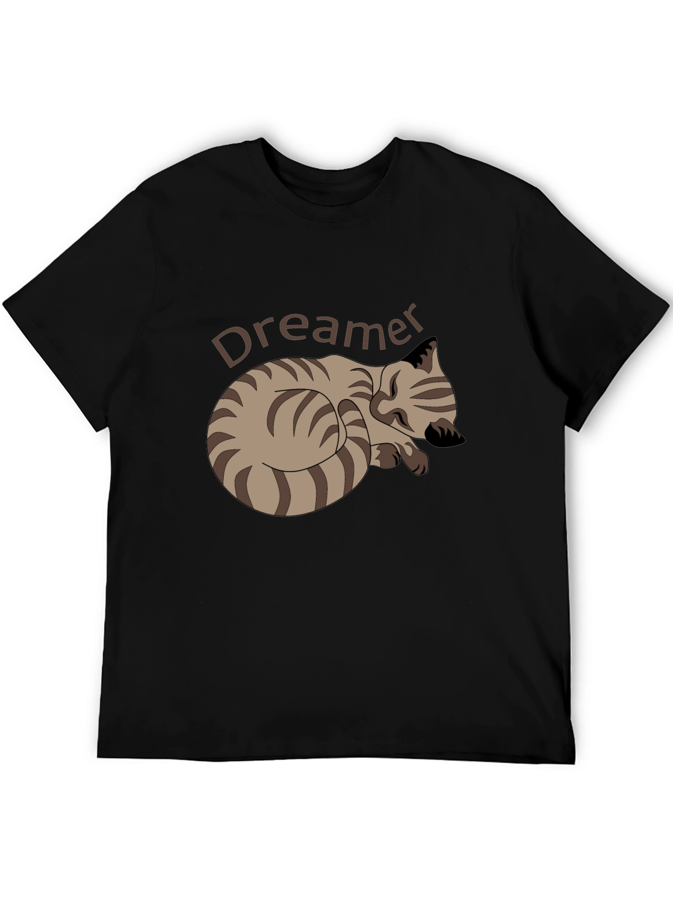 Dreamer Cat Graphic Tee - Black Cotton Casual T-Shirt
