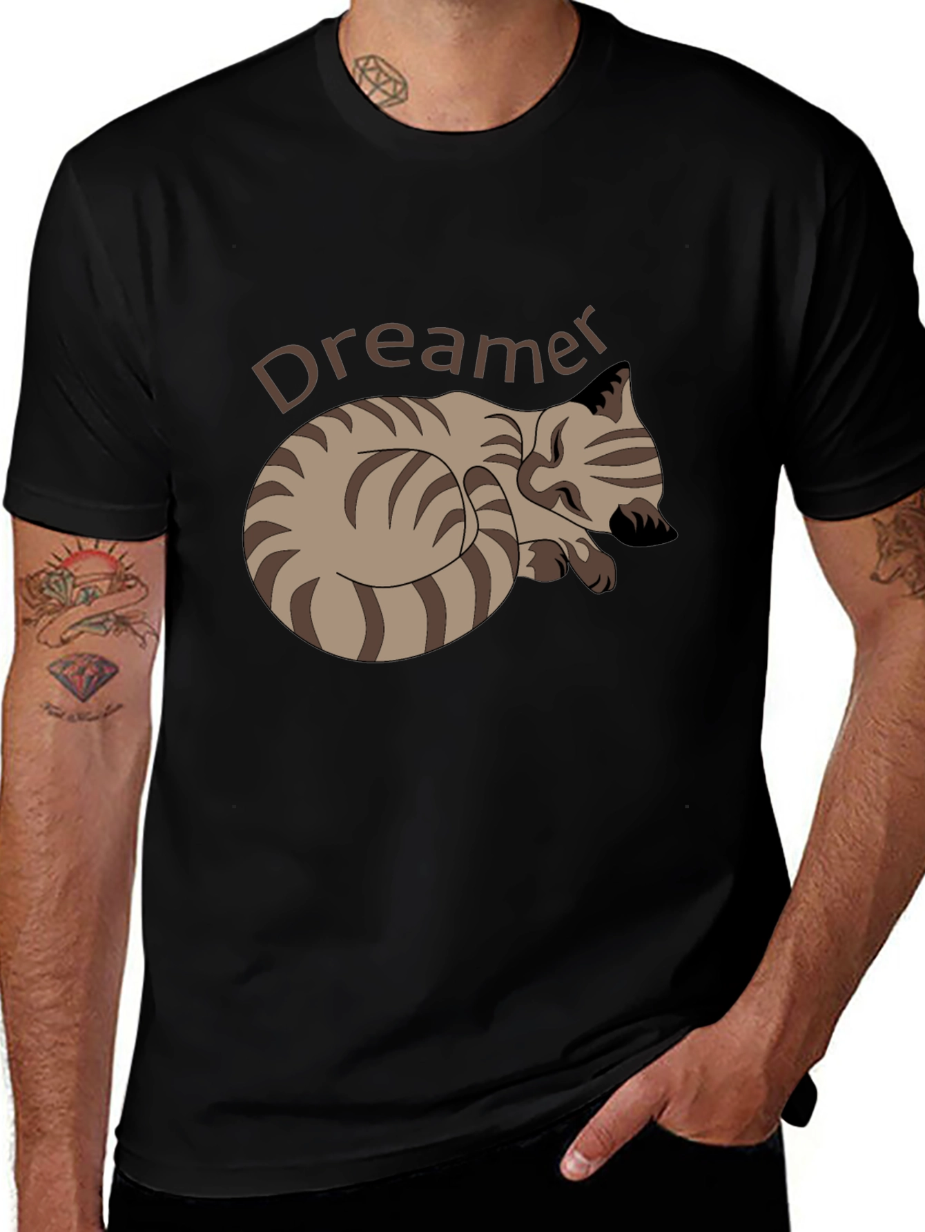 Dreamer Cat Graphic Tee - Black Cotton Casual T-Shirt