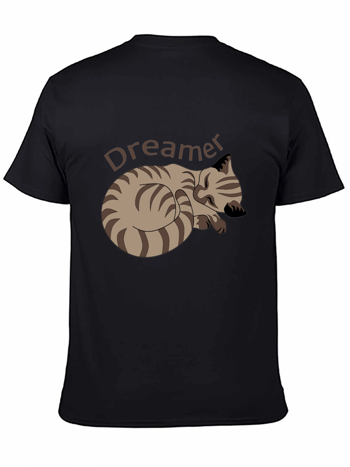 Dreamer Cat Graphic Tee - Black Cotton Casual T-Shirt