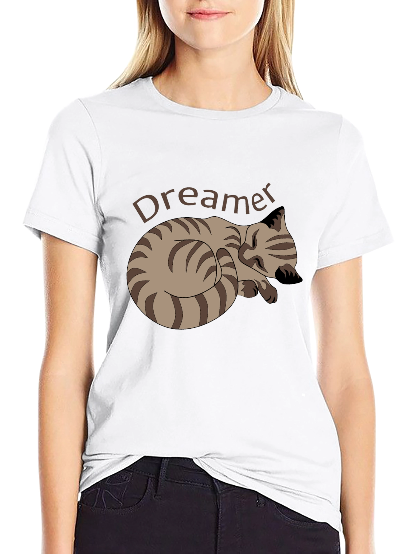 Dreamer Cat Graphic Tee - Black Cotton Casual T-Shirt