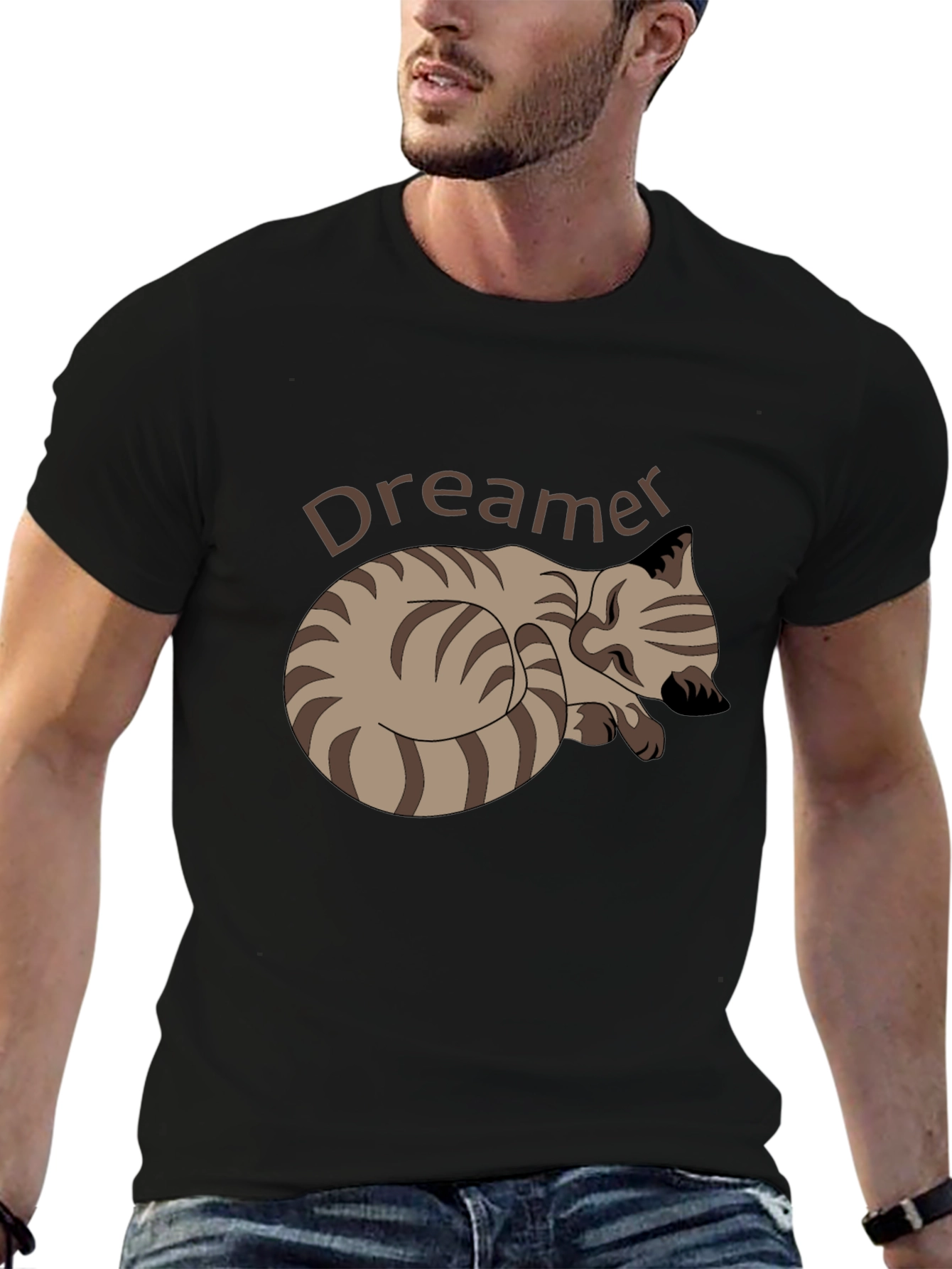 Dreamer Cat Graphic Tee - Black Cotton Casual T-Shirt