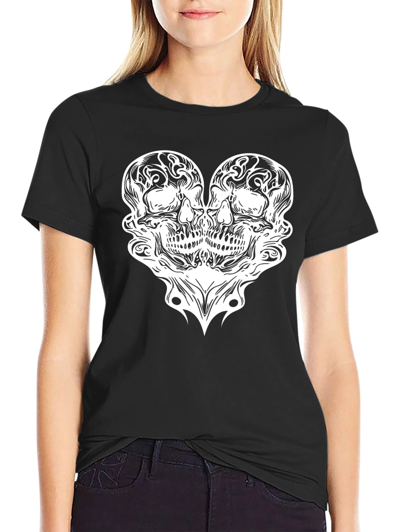 Skull Heart Graphic Tee - Black Cotton