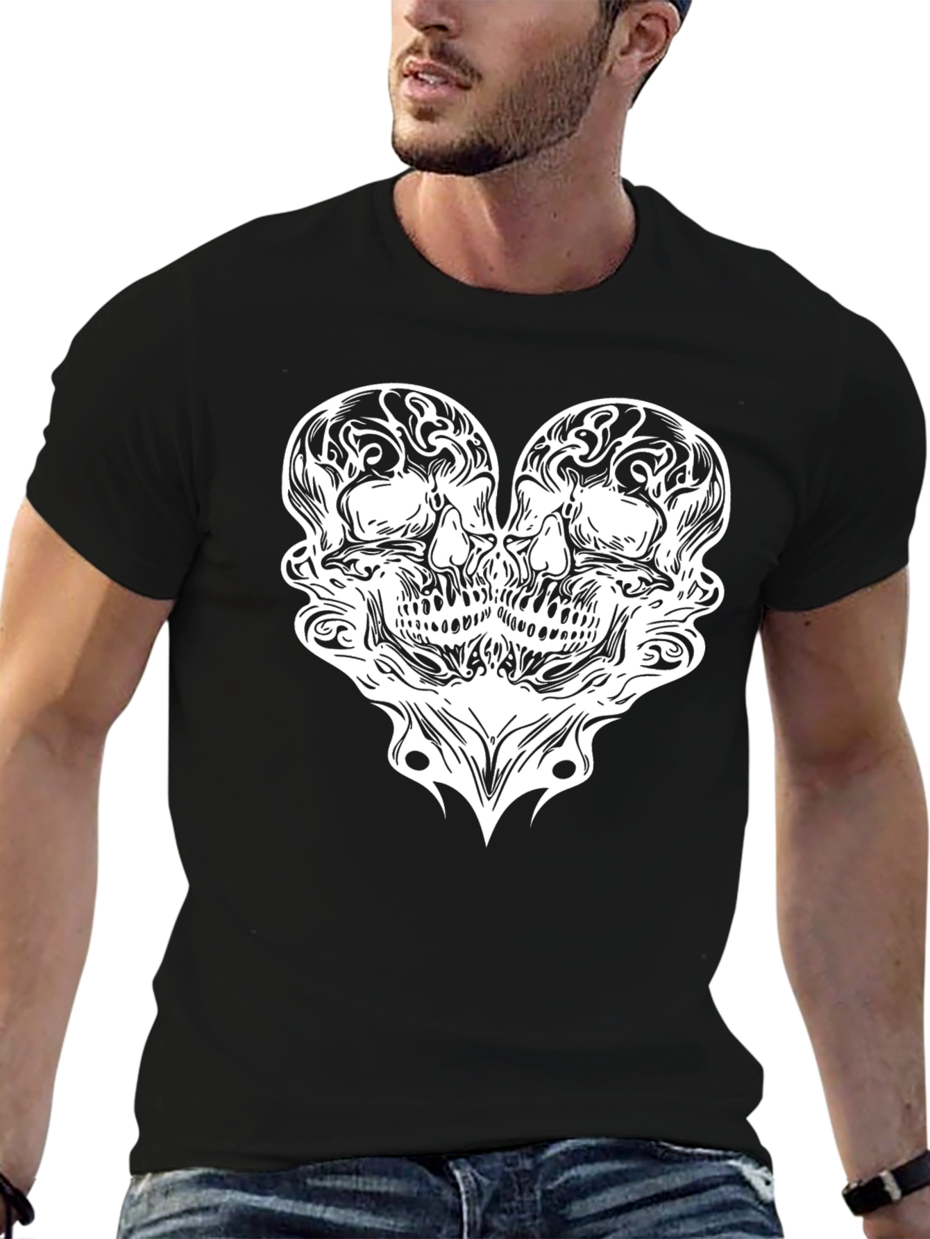 Skull Heart Graphic Tee - Black Cotton