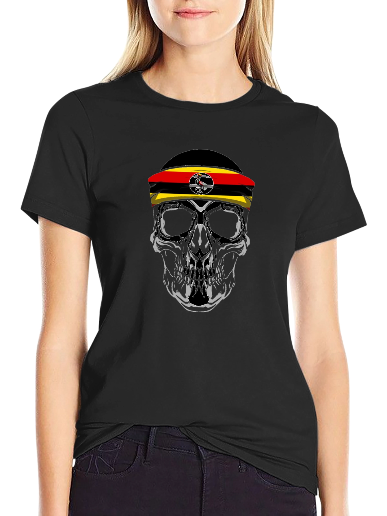 Uganda Flag Skull Graphic Tee - Black Cotton T-Shirt