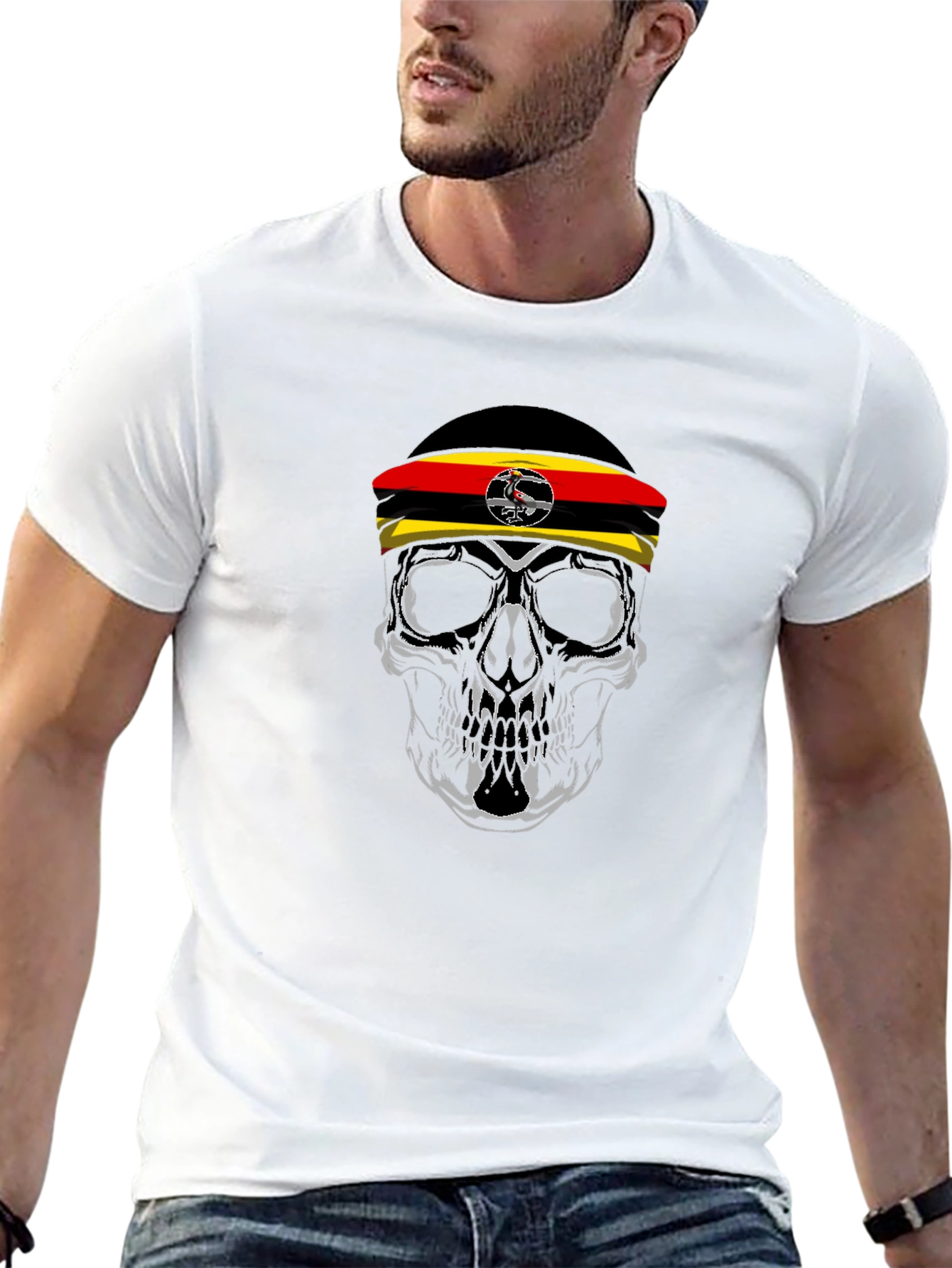 Uganda Flag Skull Graphic Tee - Black Cotton T-Shirt