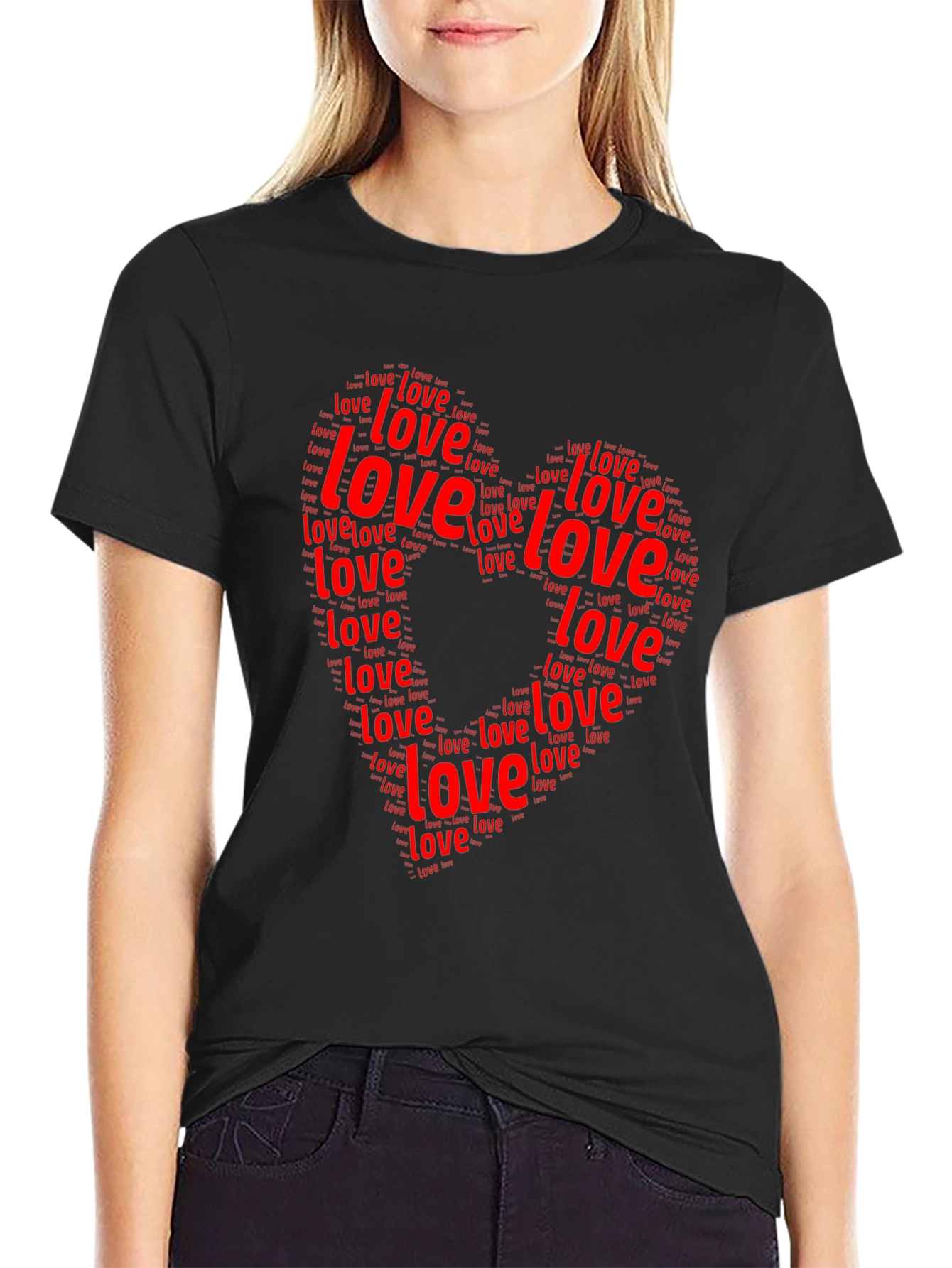 Love Word Art Heart Graphic Black T-Shirt