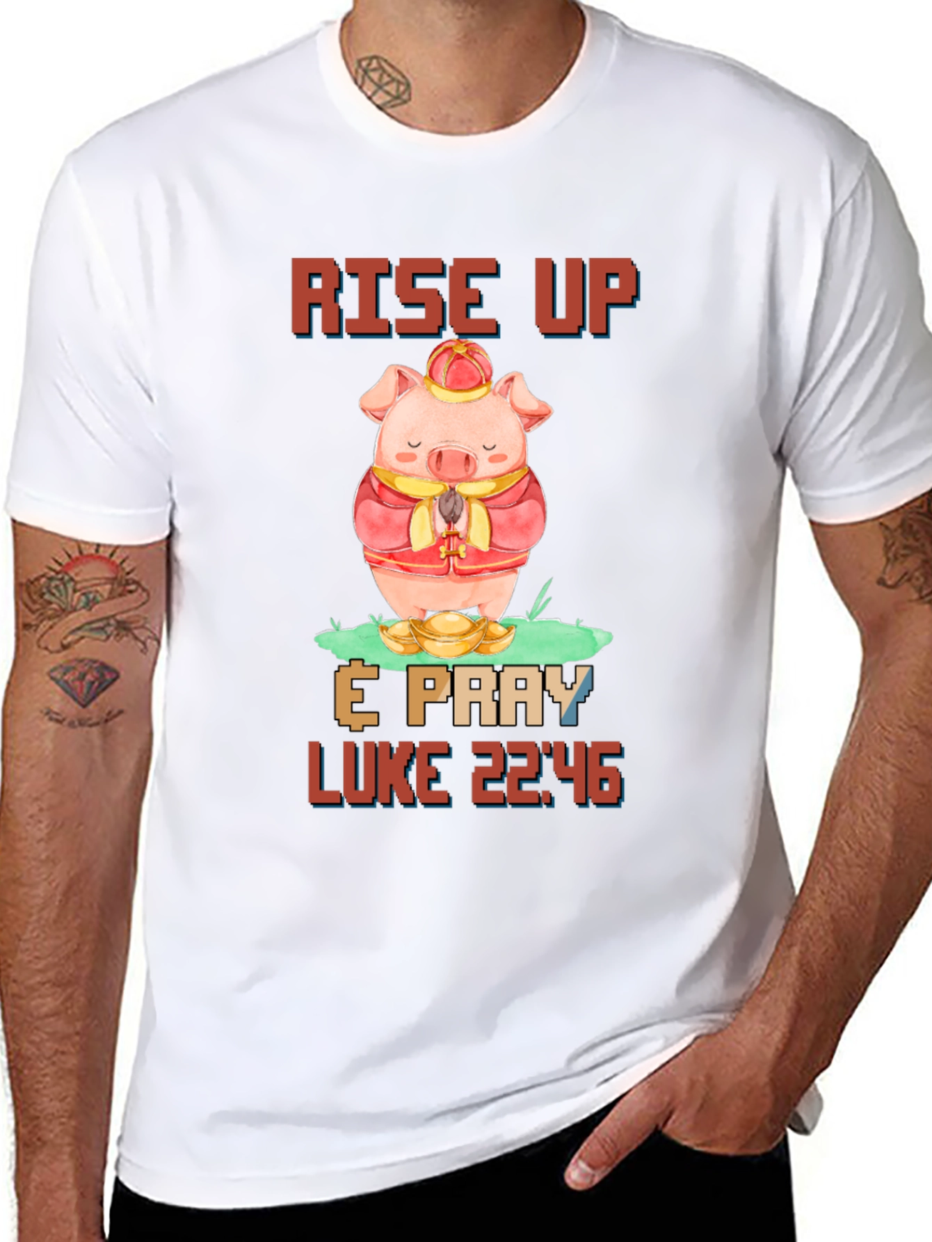 Rise Up & Pray T-Shirt with Pig Design