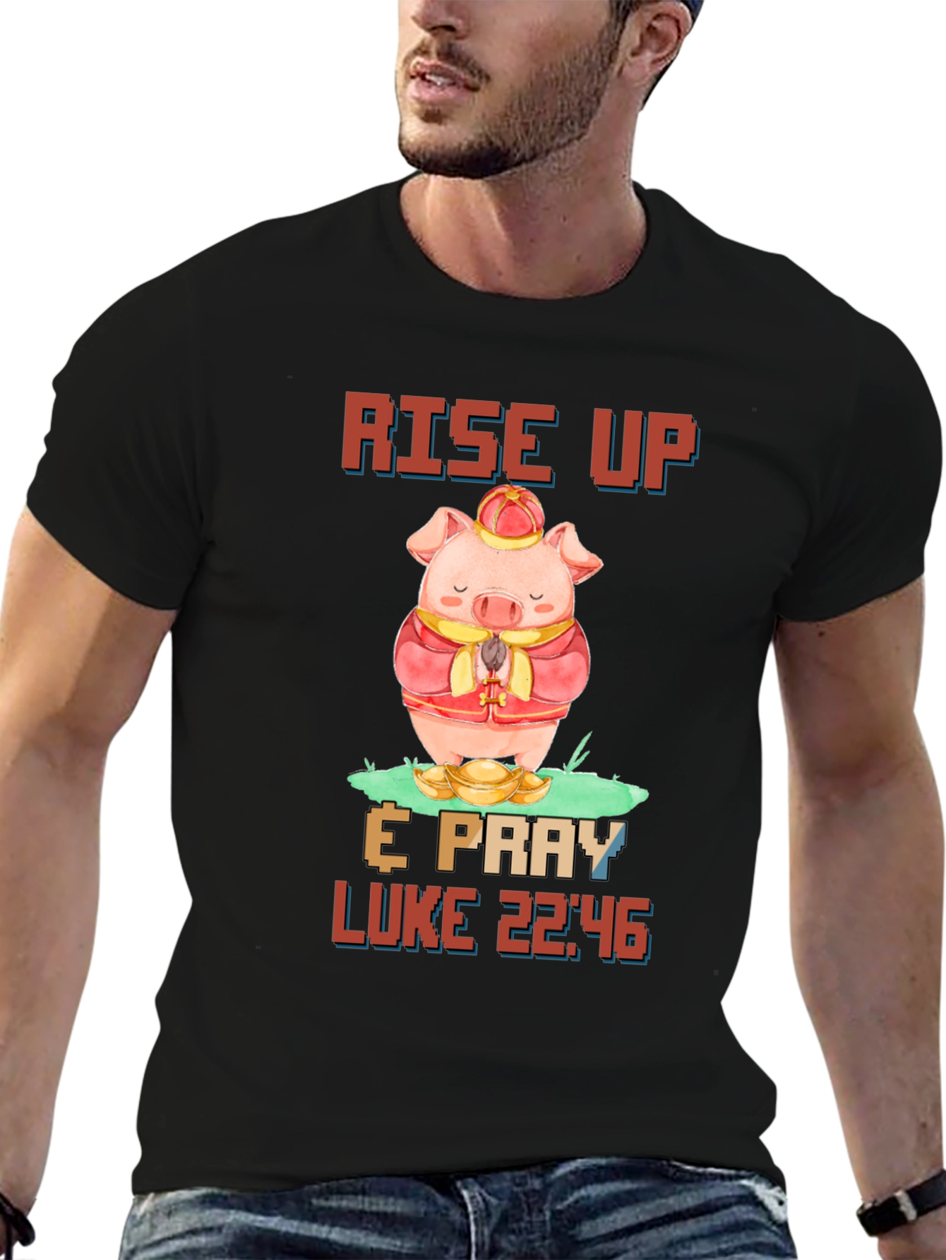 Rise Up & Pray T-Shirt with Pig Design