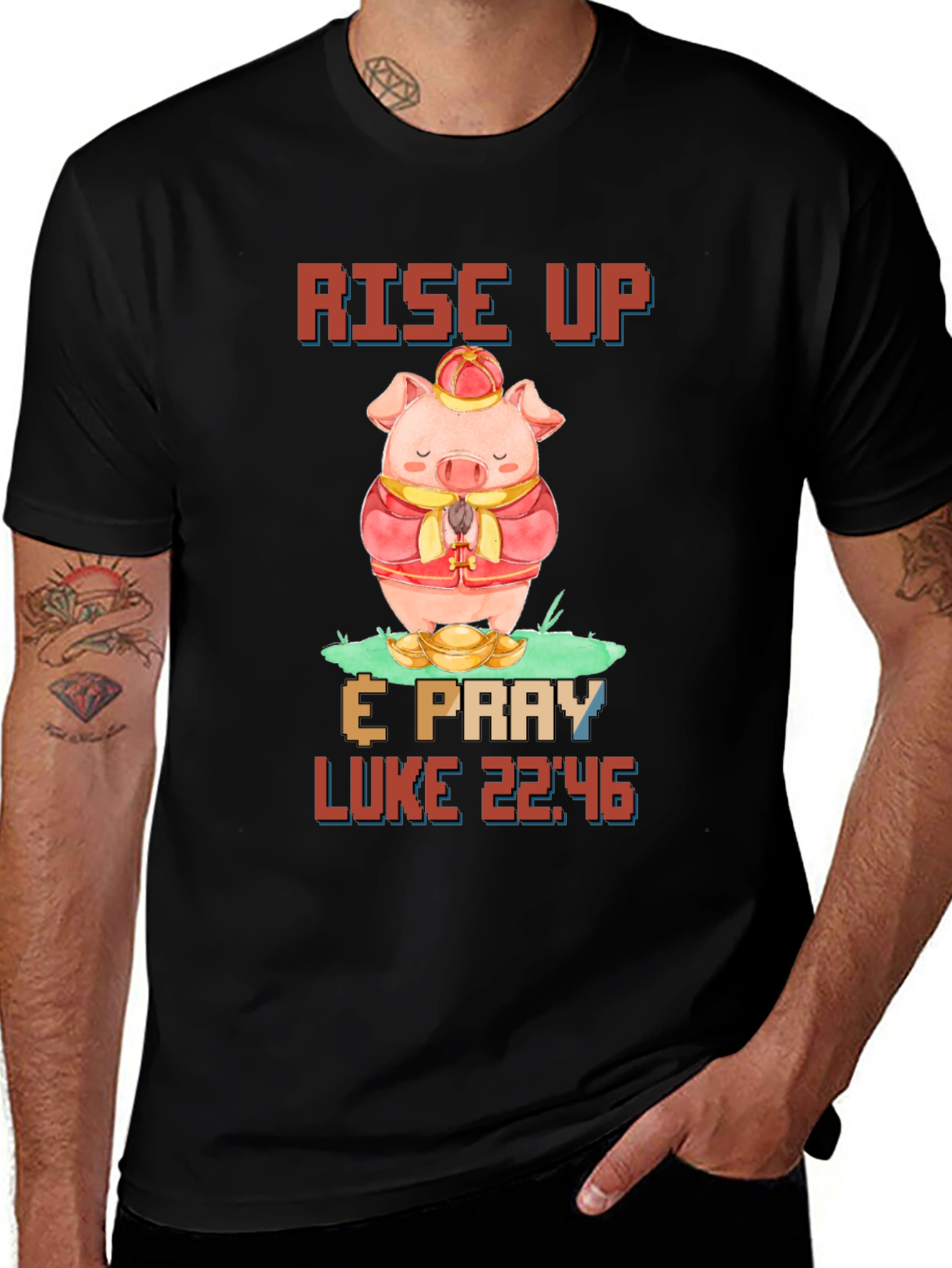 Rise Up & Pray T-Shirt with Pig Design