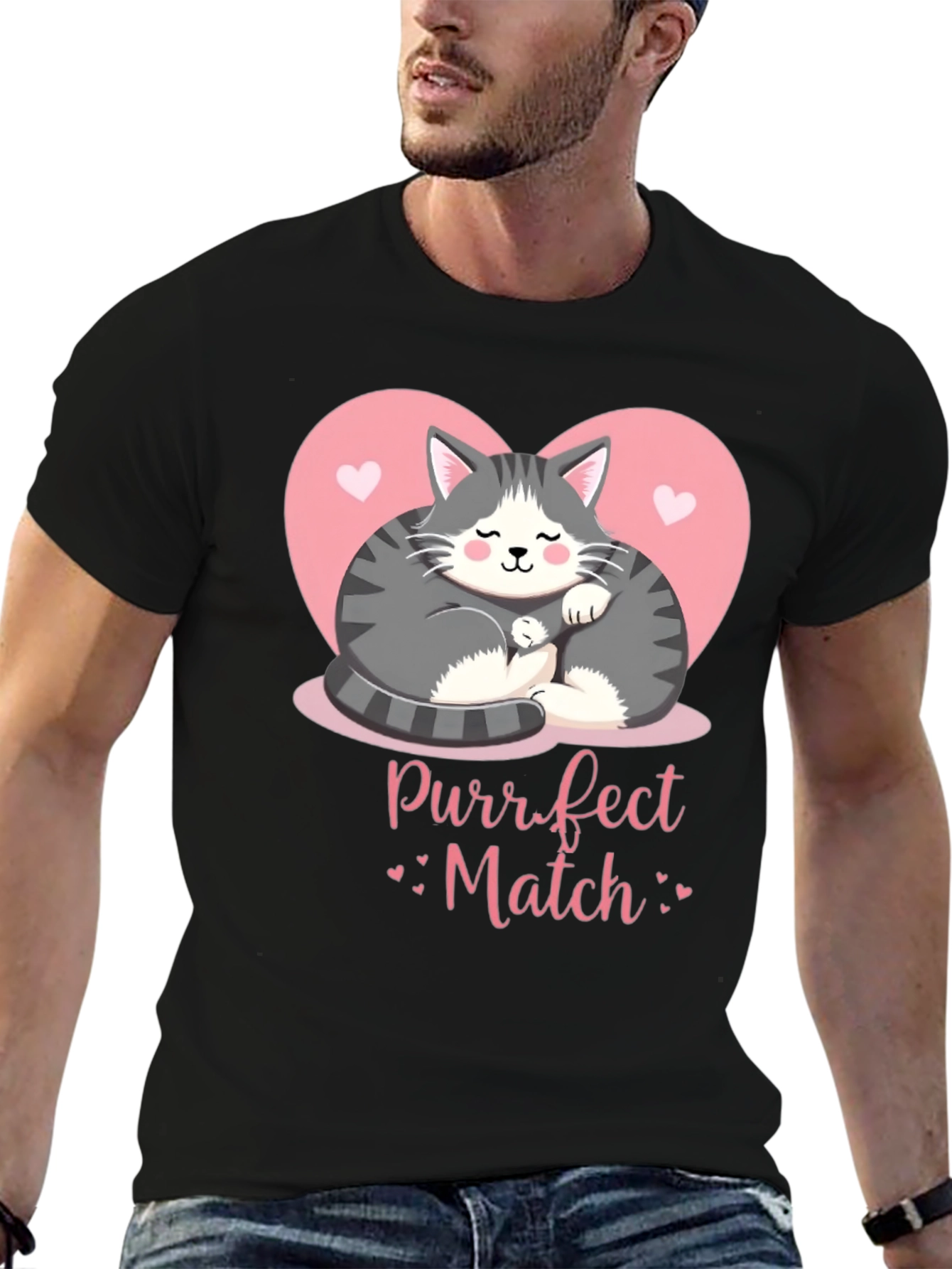 Purrfect Match Cat Graphic Tee - Black