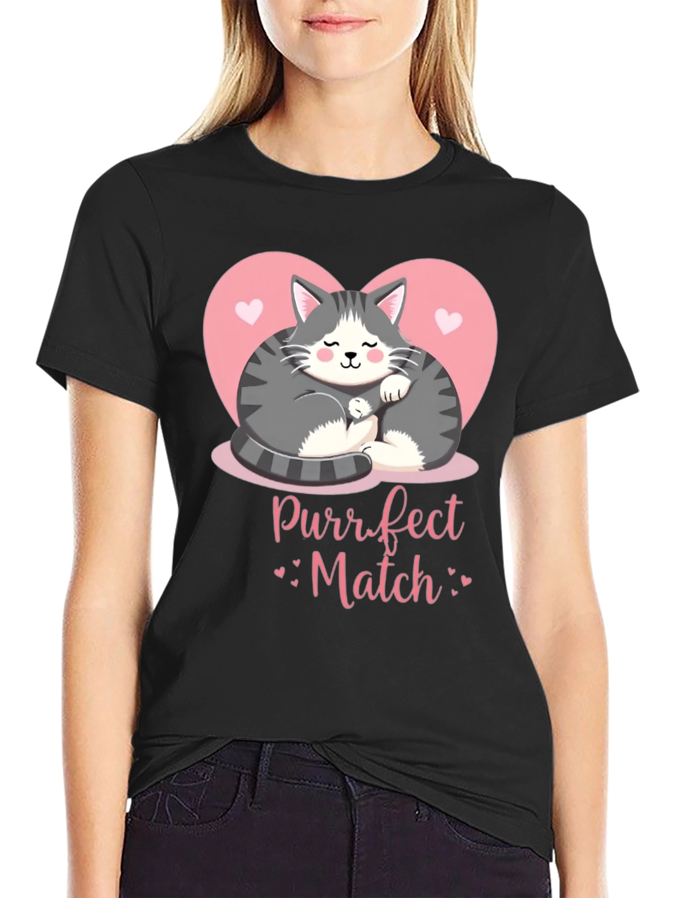 Purrfect Match Cat Graphic Tee - Black