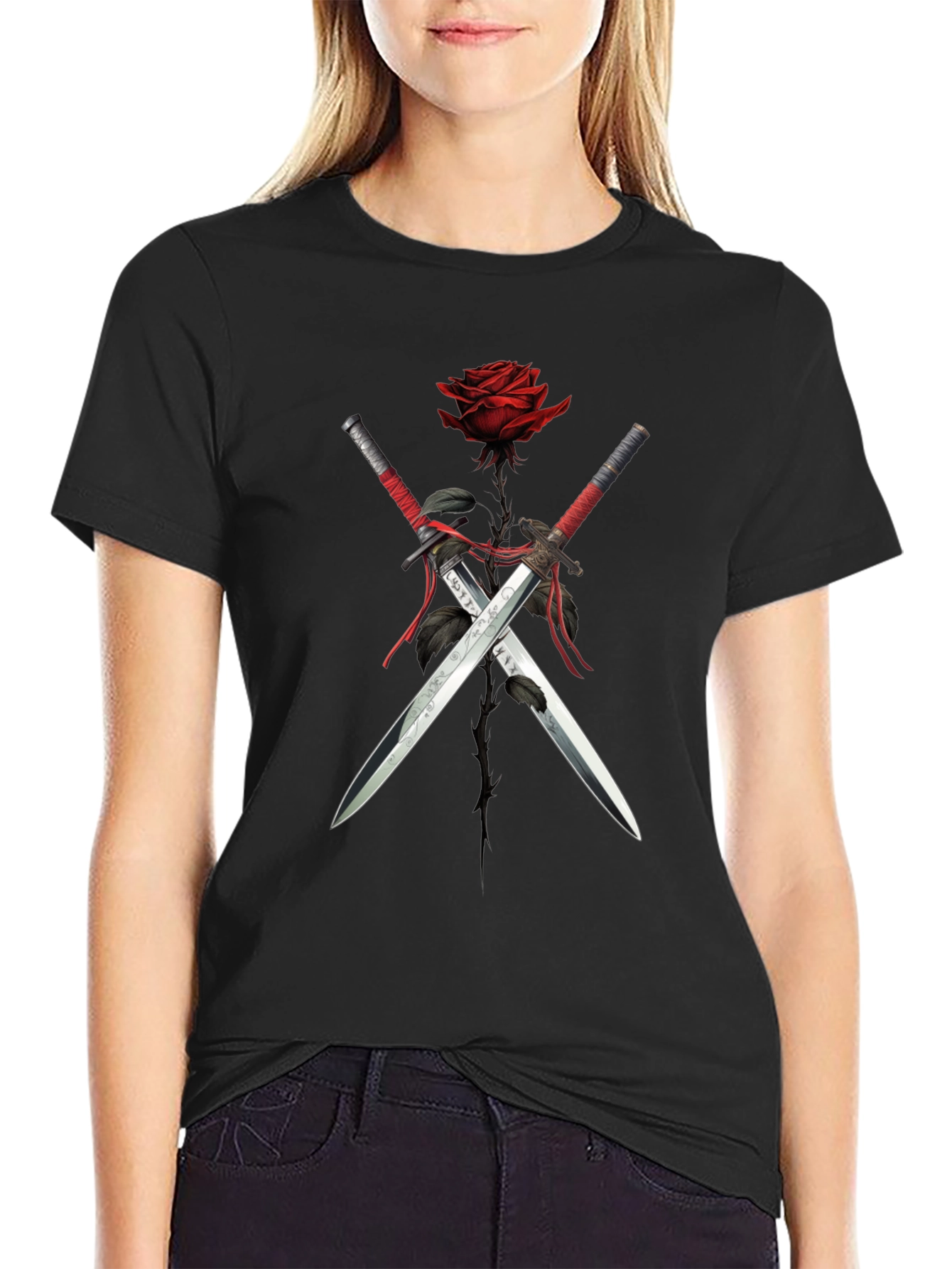 Rose & Swords Graphic Tee - Edgy Style