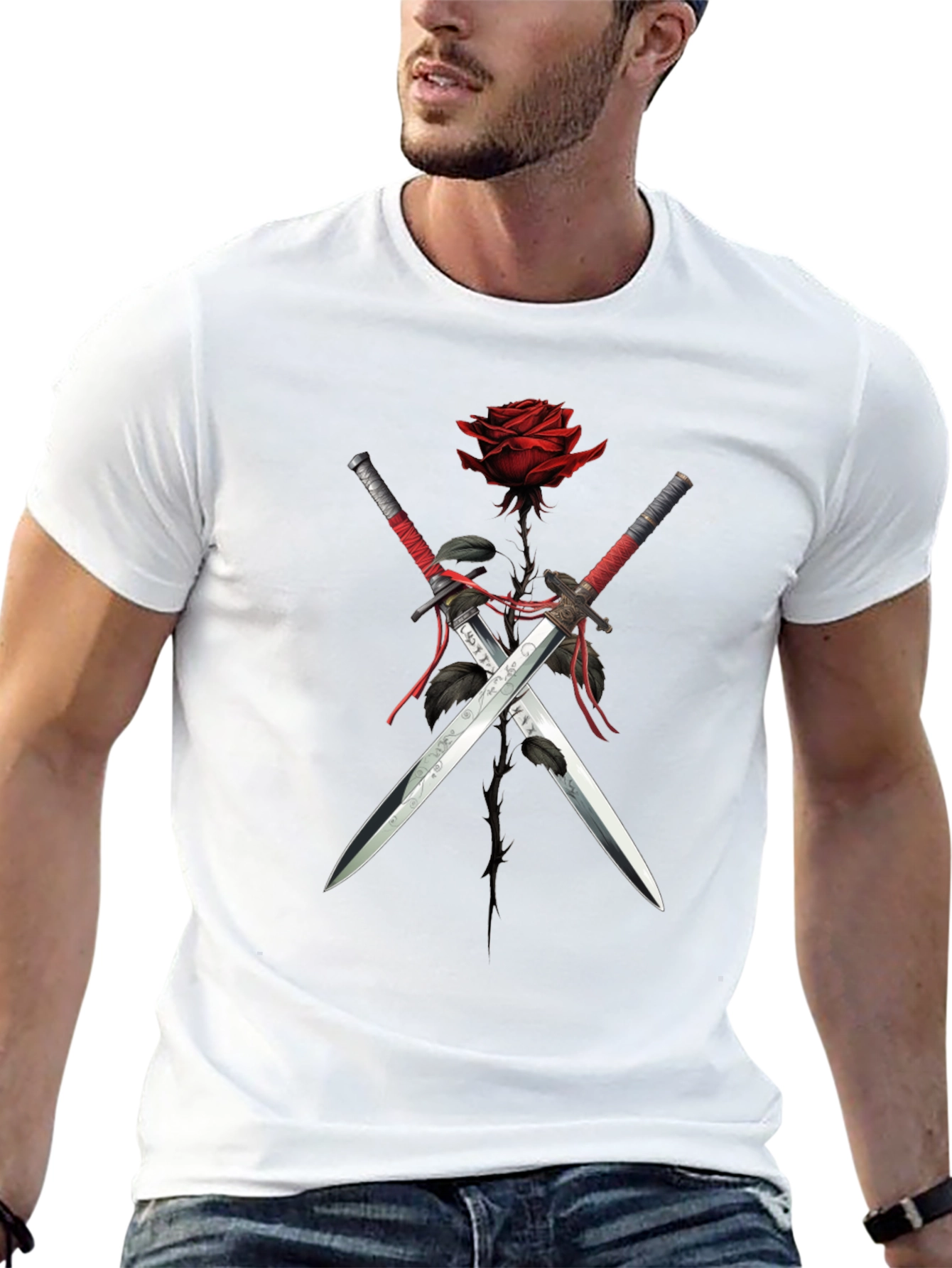 Rose & Swords Graphic Tee - Edgy Style