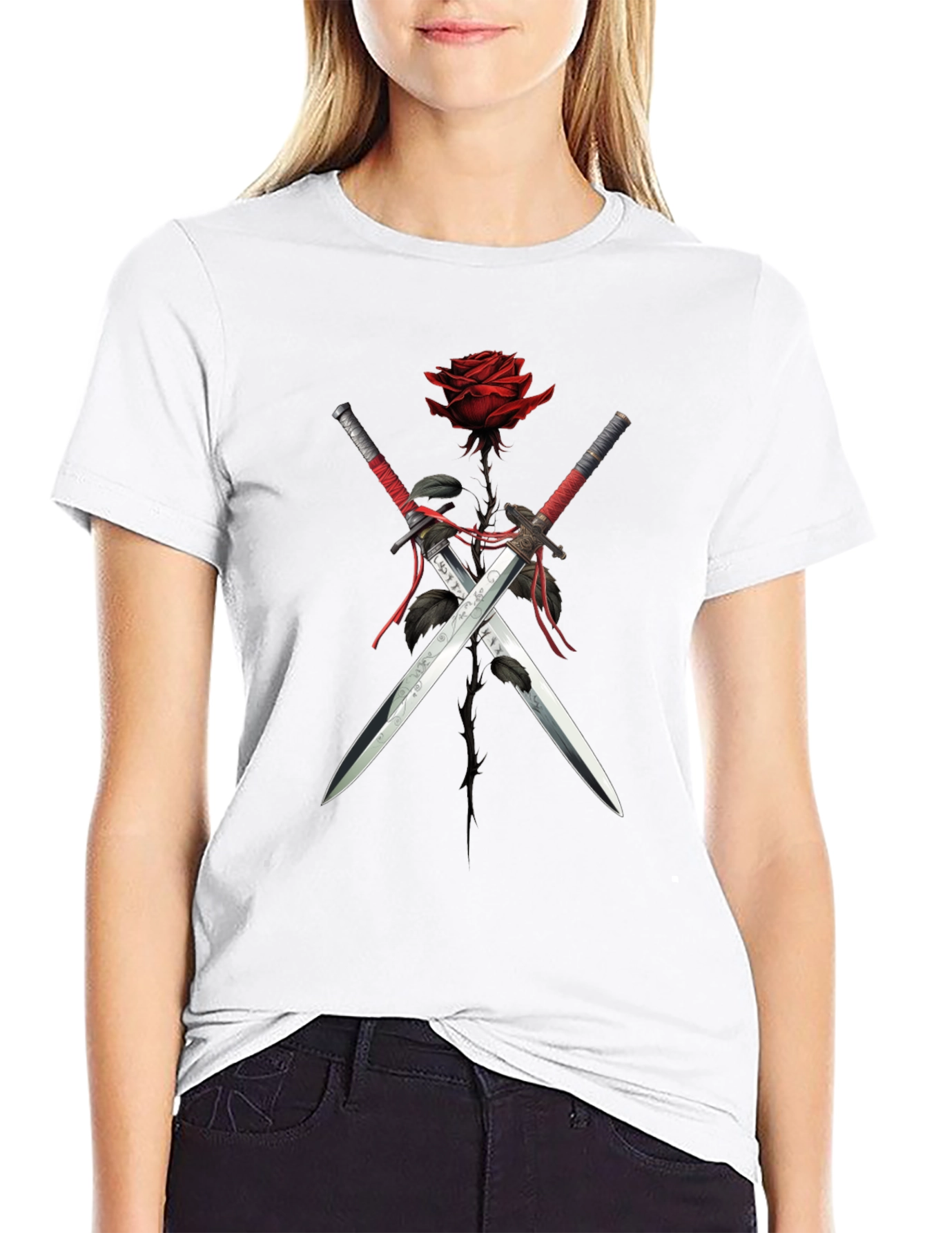 Rose & Swords Graphic Tee - Edgy Style