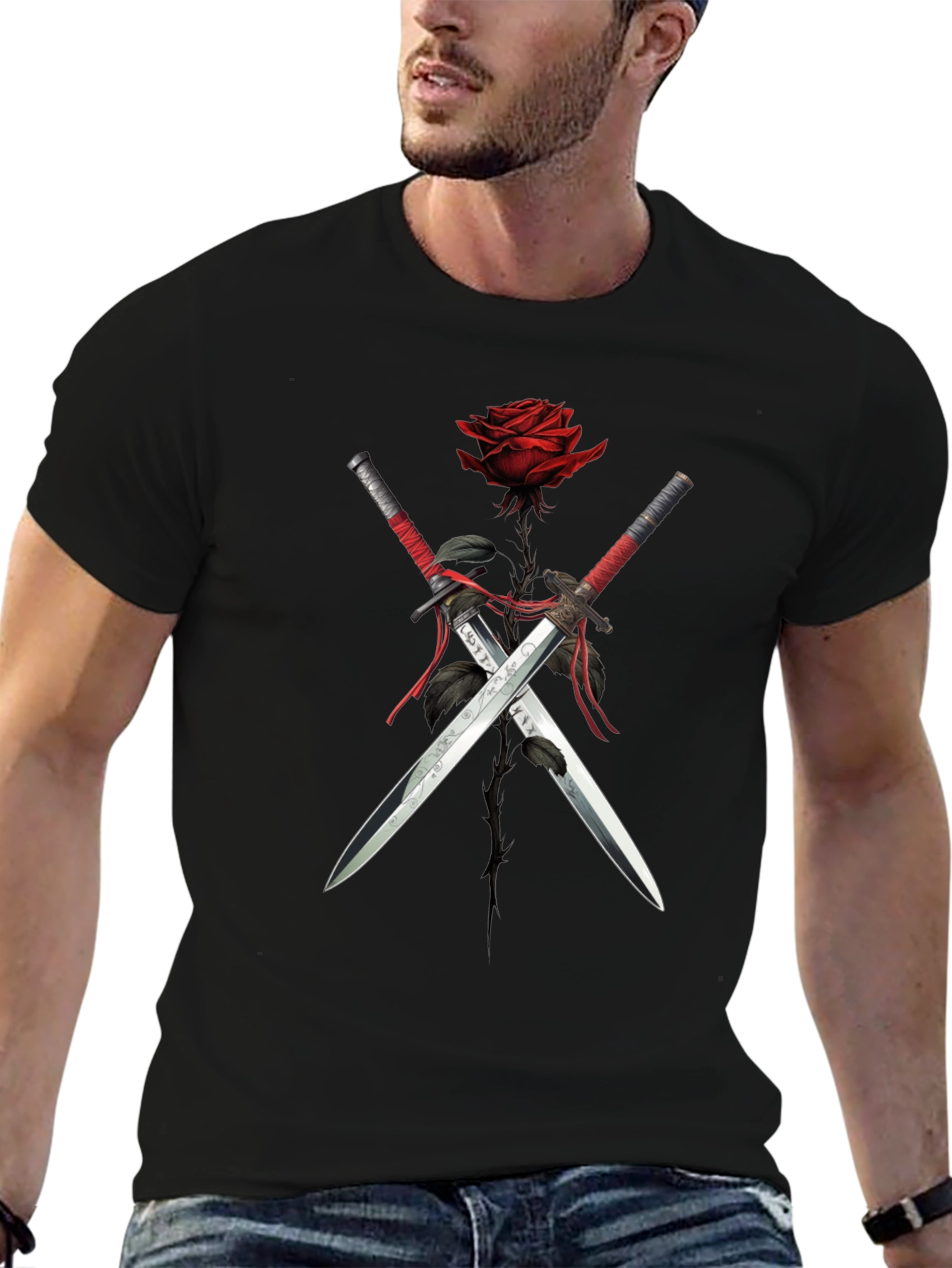 Rose & Swords Graphic Tee - Edgy Style