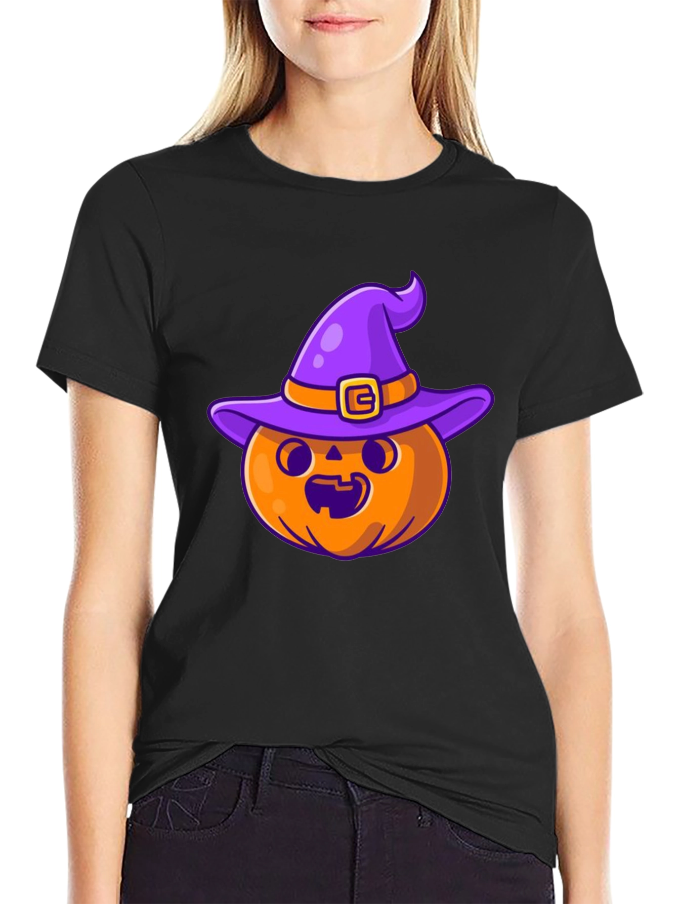 Halloween Pumpkin Witch Hat Black T-Shirt