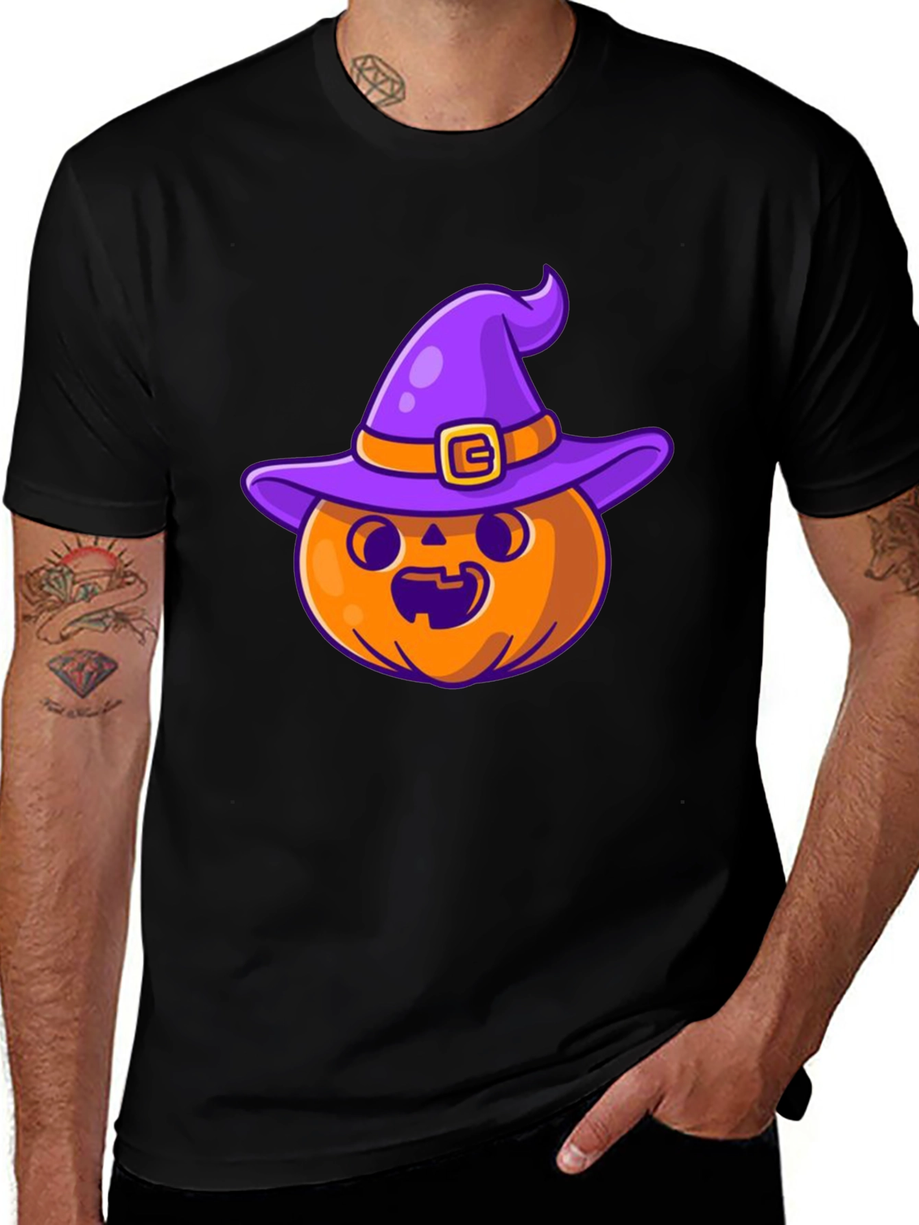 Halloween Pumpkin Witch Hat Black T-Shirt