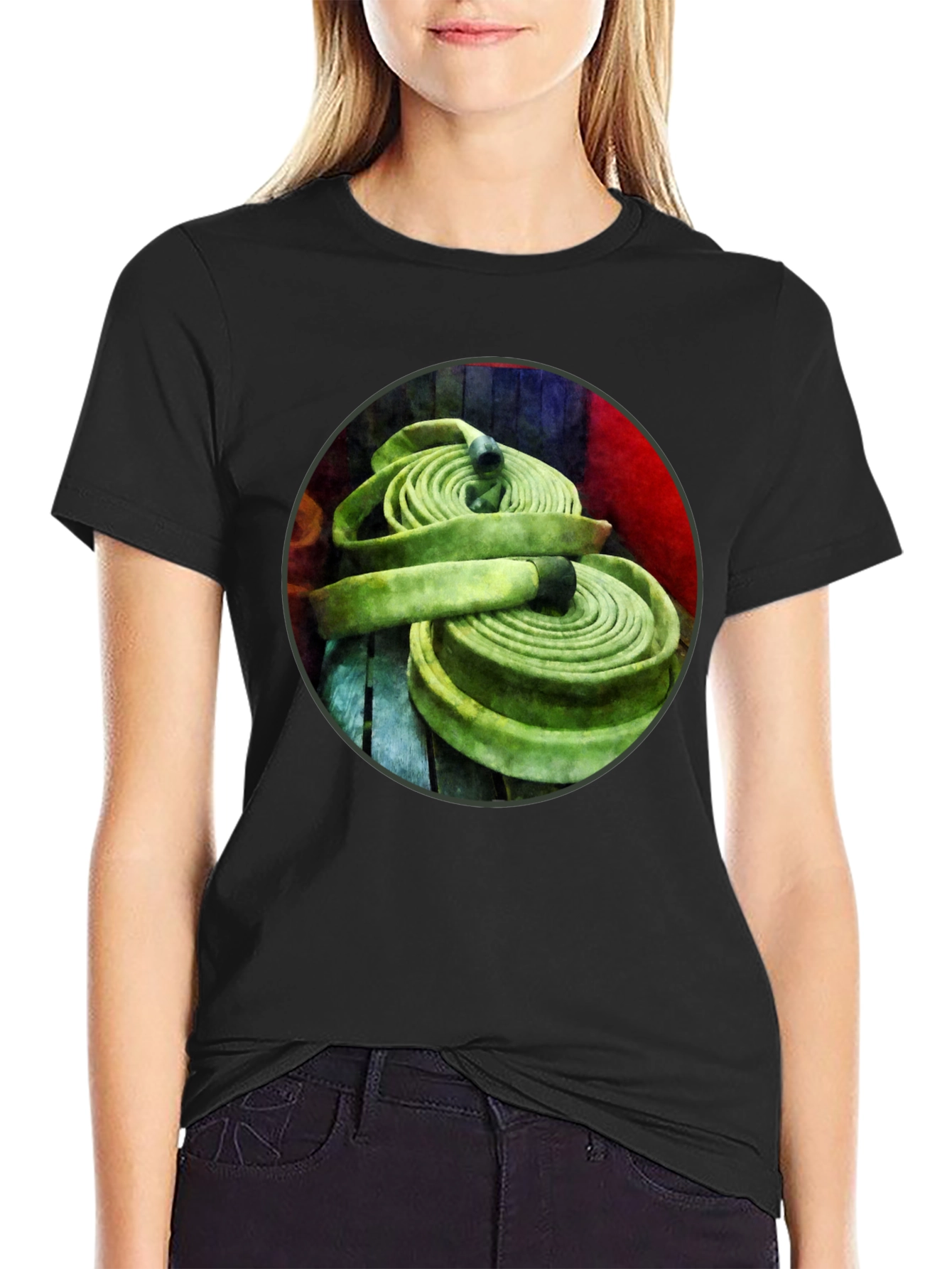 Fire Hose Graphic Tee - Black Crew Neck T-Shirt