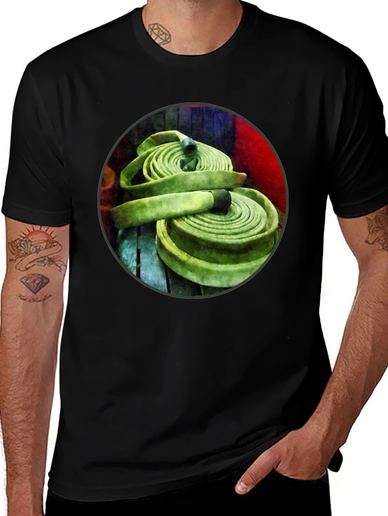 Fire Hose Graphic Tee - Black Crew Neck T-Shirt