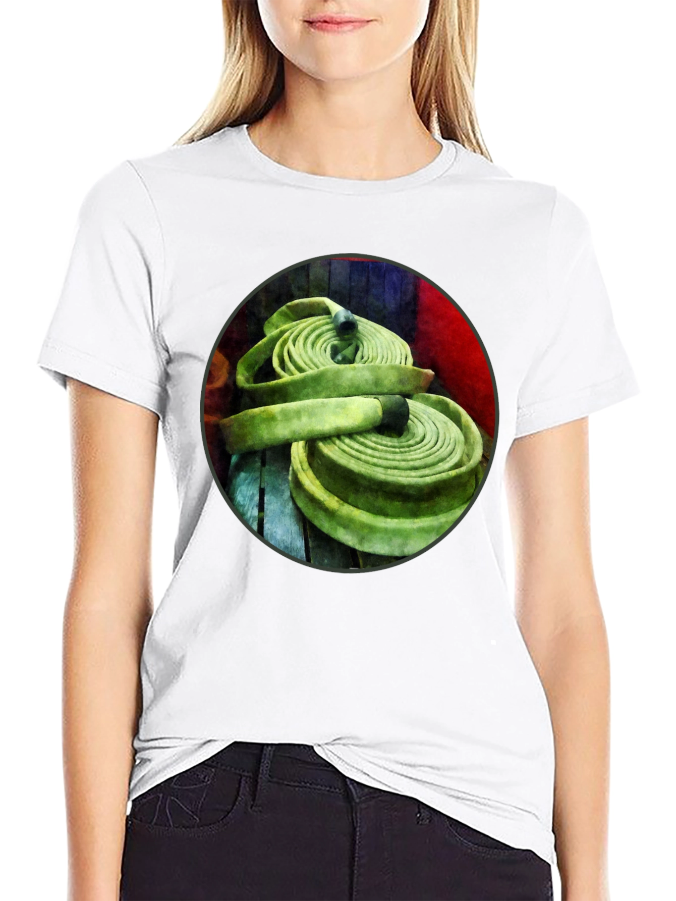 Fire Hose Graphic Tee - Black Crew Neck T-Shirt