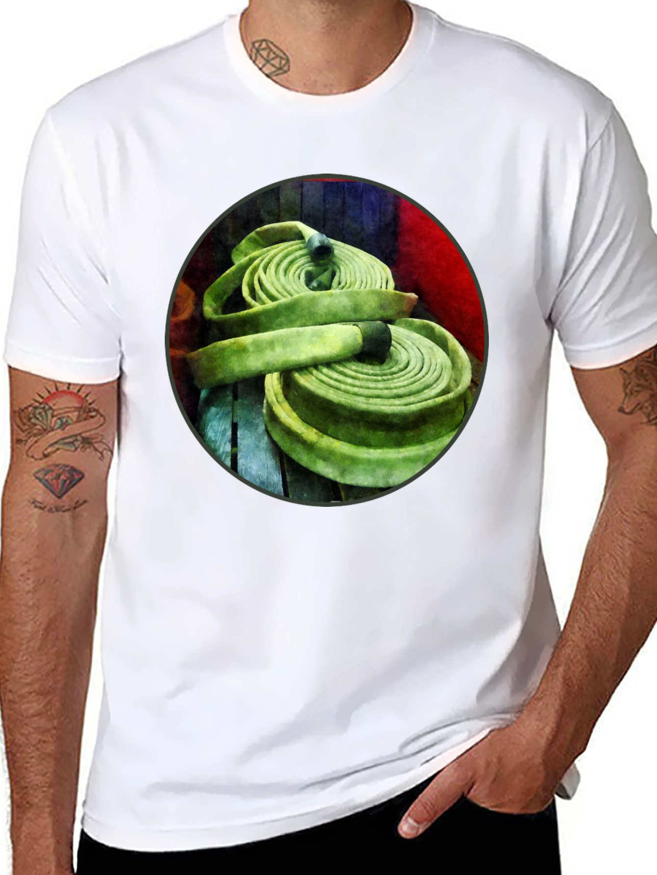 Fire Hose Graphic Tee - Black Crew Neck T-Shirt