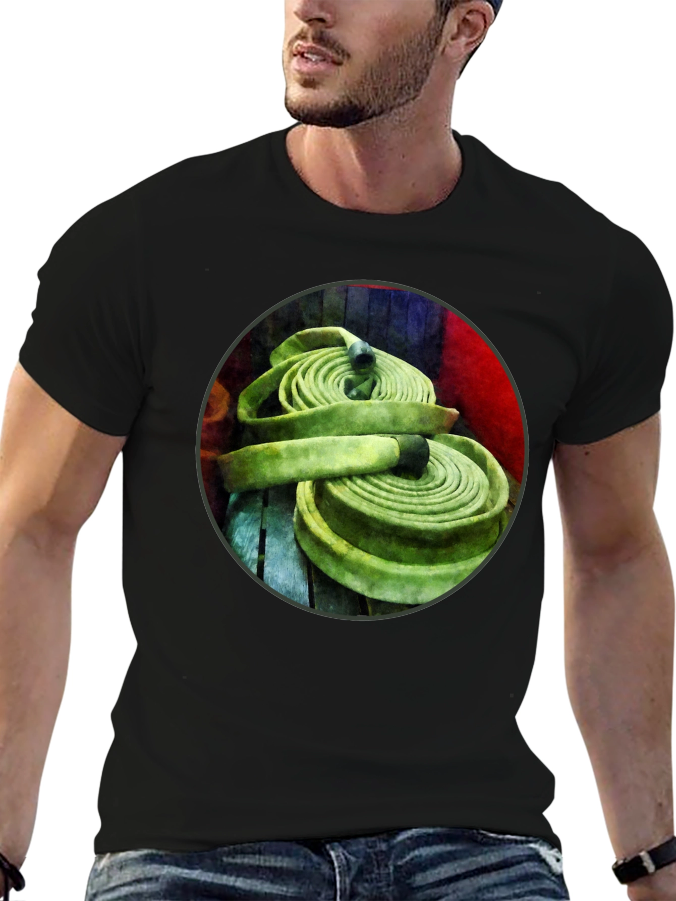 Fire Hose Graphic Tee - Black Crew Neck T-Shirt