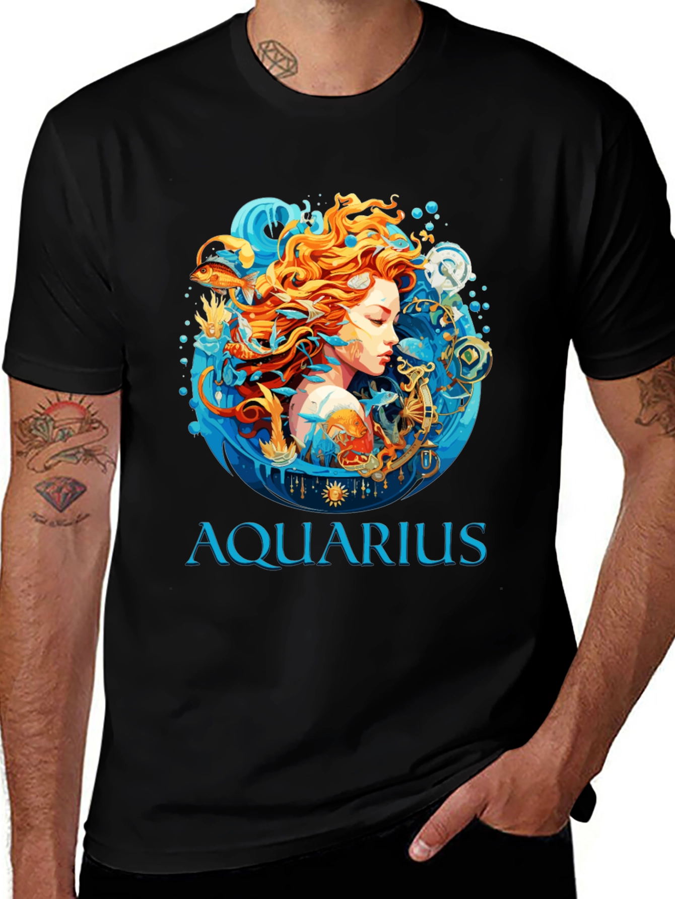 Aquarius Zodiac Graphic Print Black T-Shirt