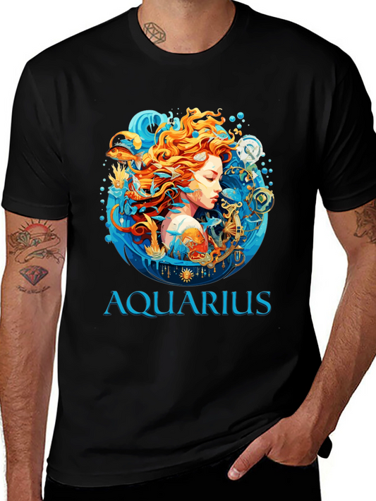 Aquarius Zodiac Graphic Print Black T-Shirt