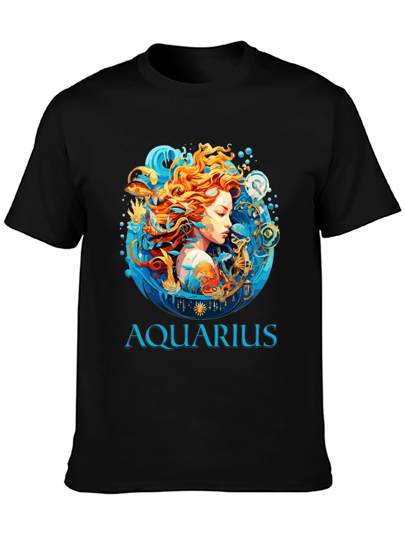 Aquarius Zodiac Graphic Print Black T-Shirt