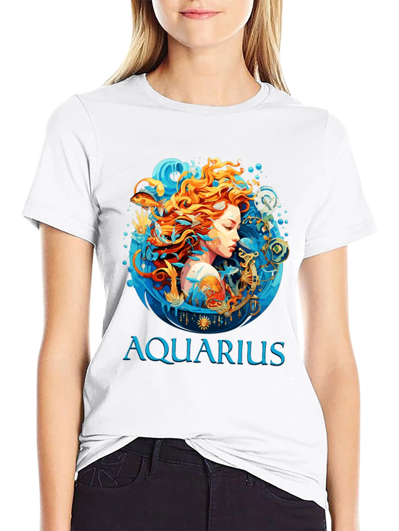 Aquarius Zodiac Graphic Print Black T-Shirt