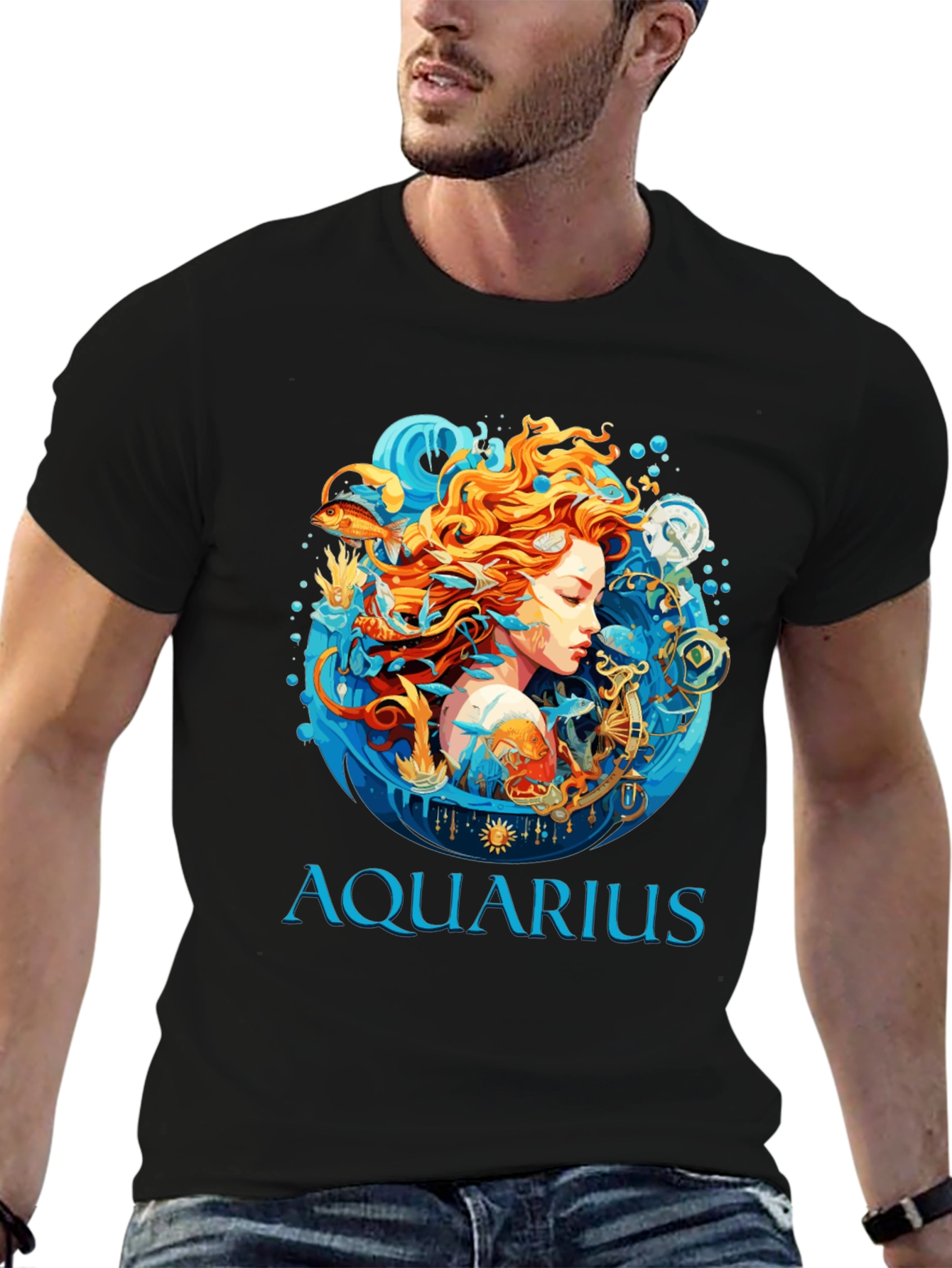 Aquarius Zodiac Graphic Print Black T-Shirt