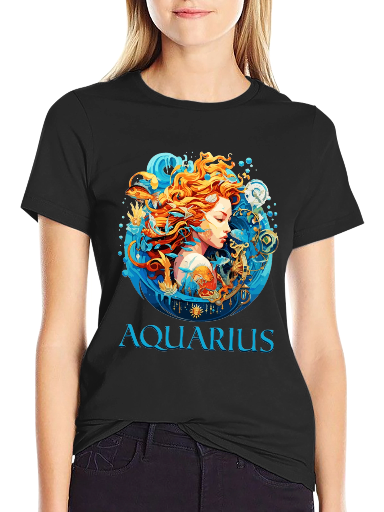 Aquarius Zodiac Graphic Print Black T-Shirt