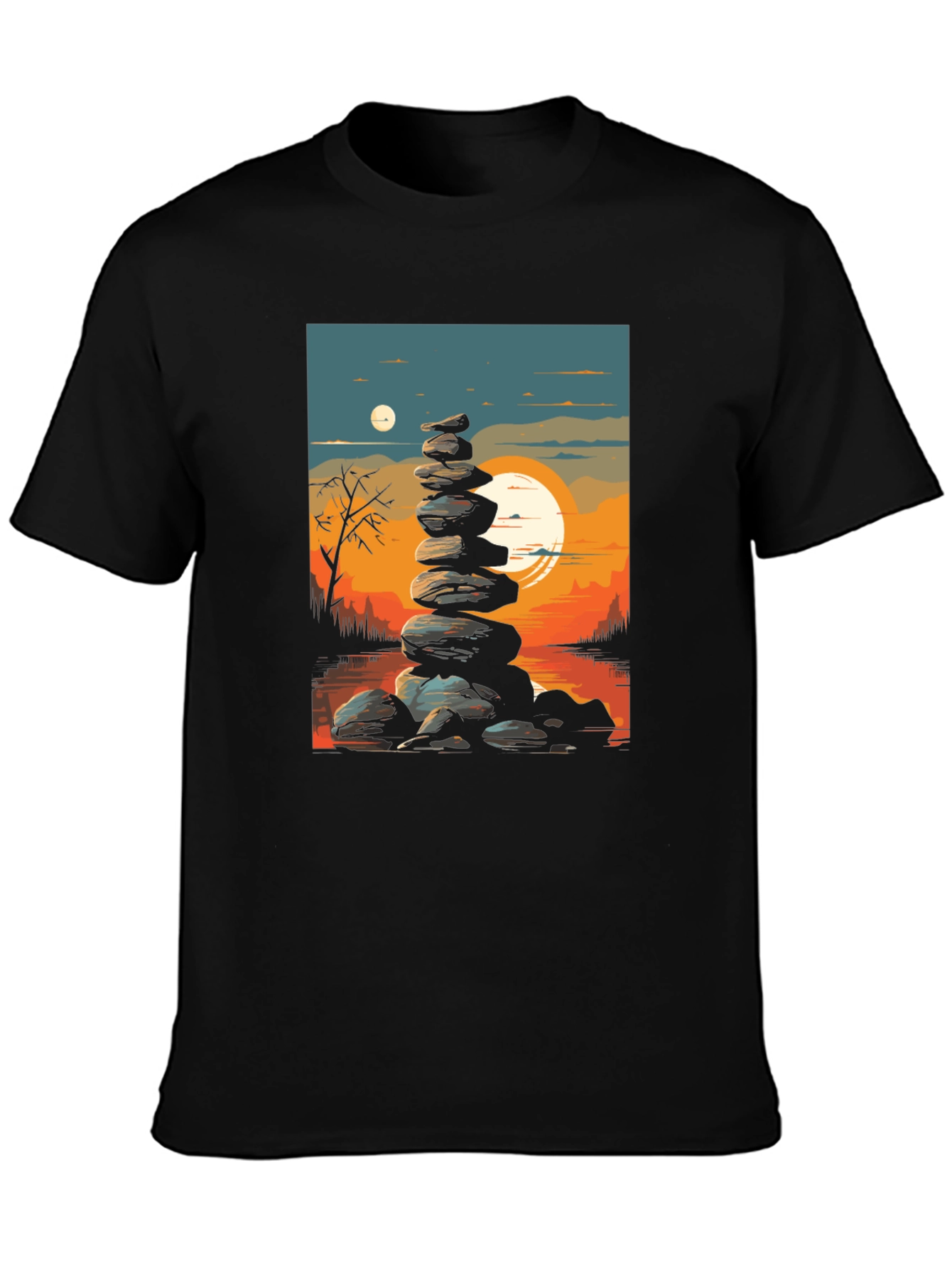 Zen Rock Stack T-Shirt - Sunset Landscape