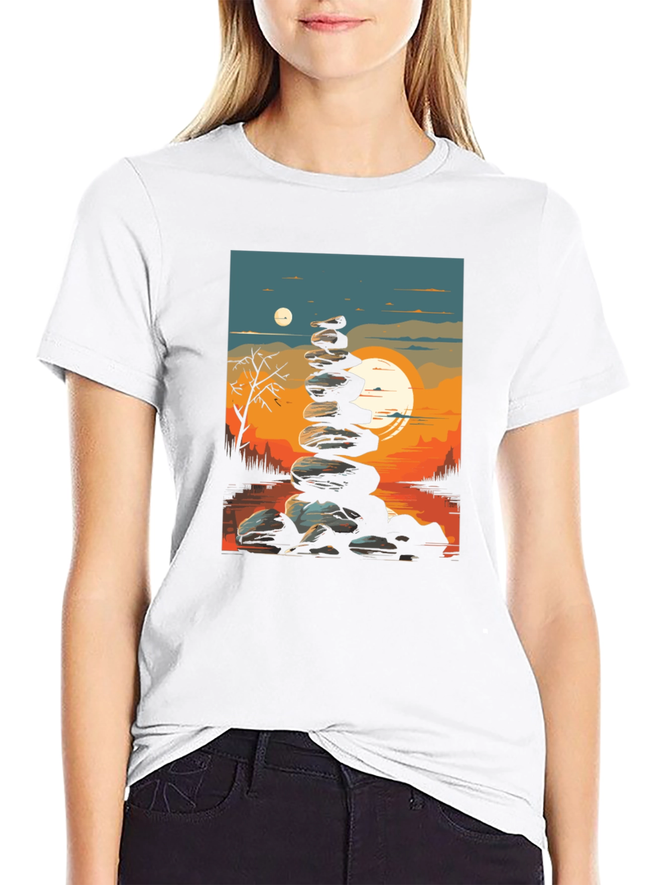 Zen Rock Stack T-Shirt - Sunset Landscape