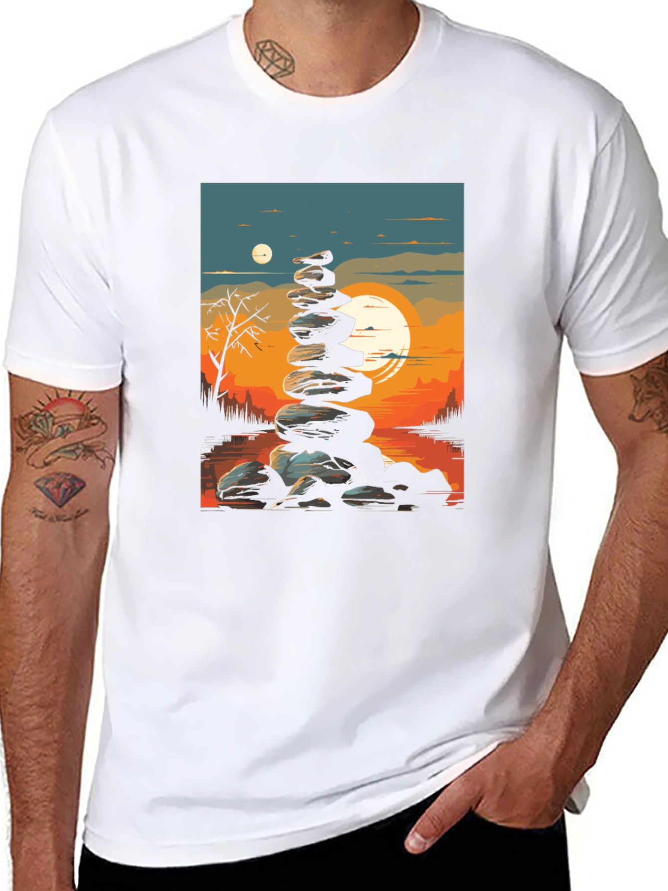 Zen Rock Stack T-Shirt - Sunset Landscape