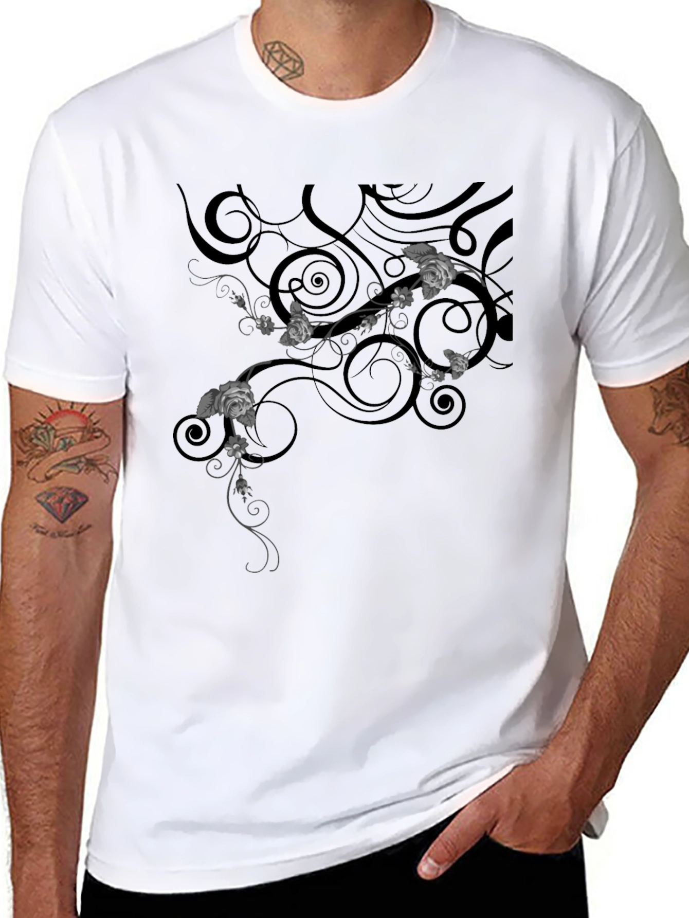 Elegant Black T-Shirt with Floral Vine Design