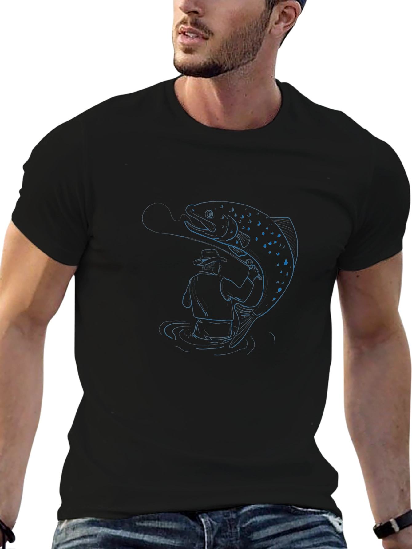 Fisherman and Trout Graphic T-Shirt - Black