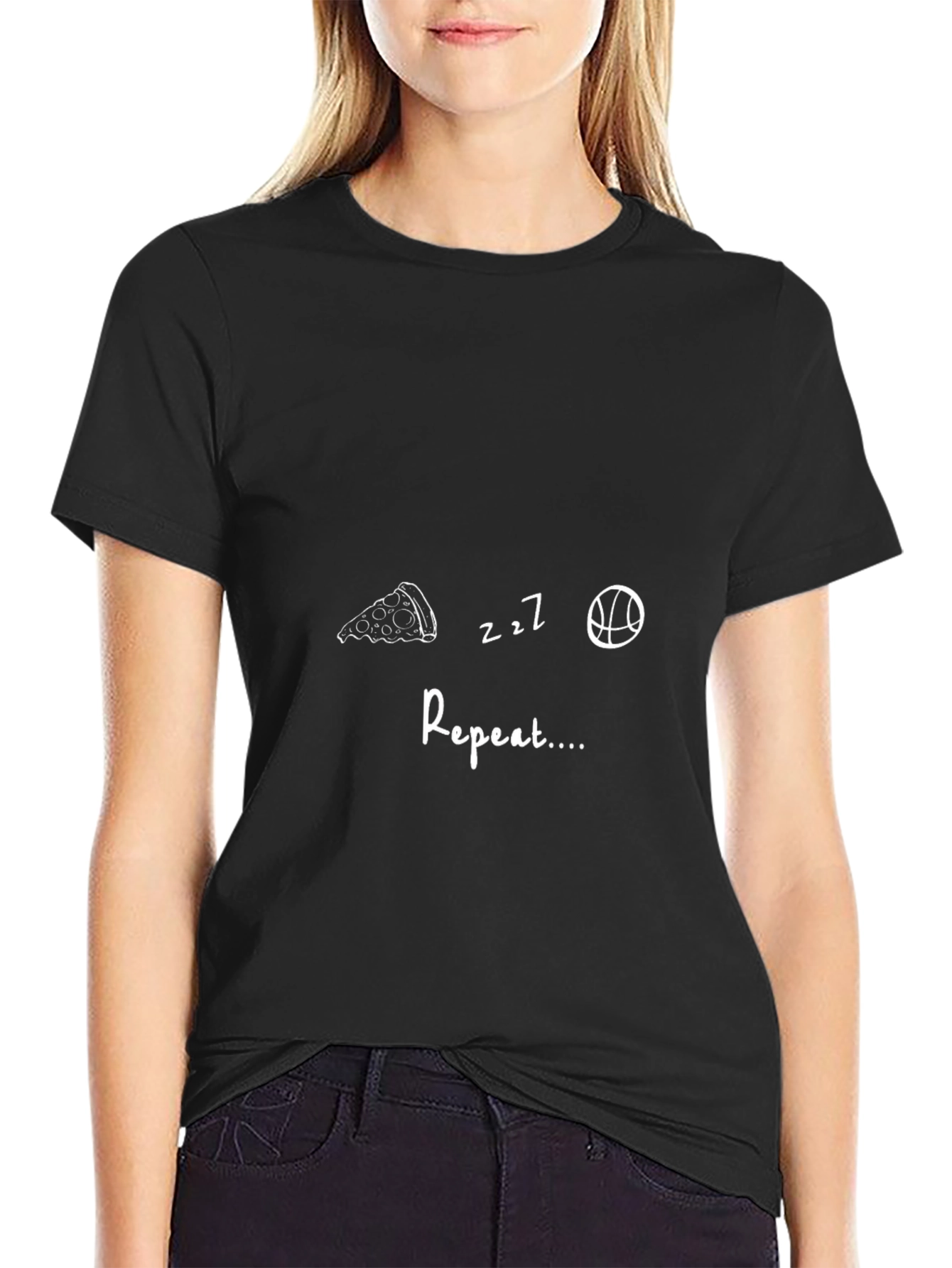 Pizza Sleep Basketball Repeat Black T-Shirt