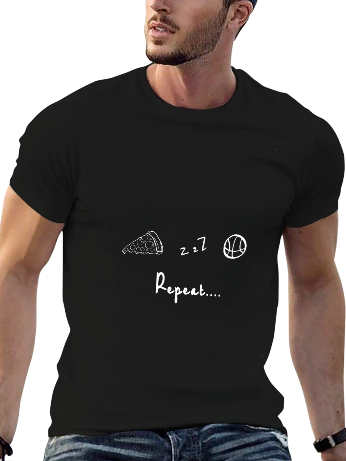 Pizza Sleep Basketball Repeat Black T-Shirt