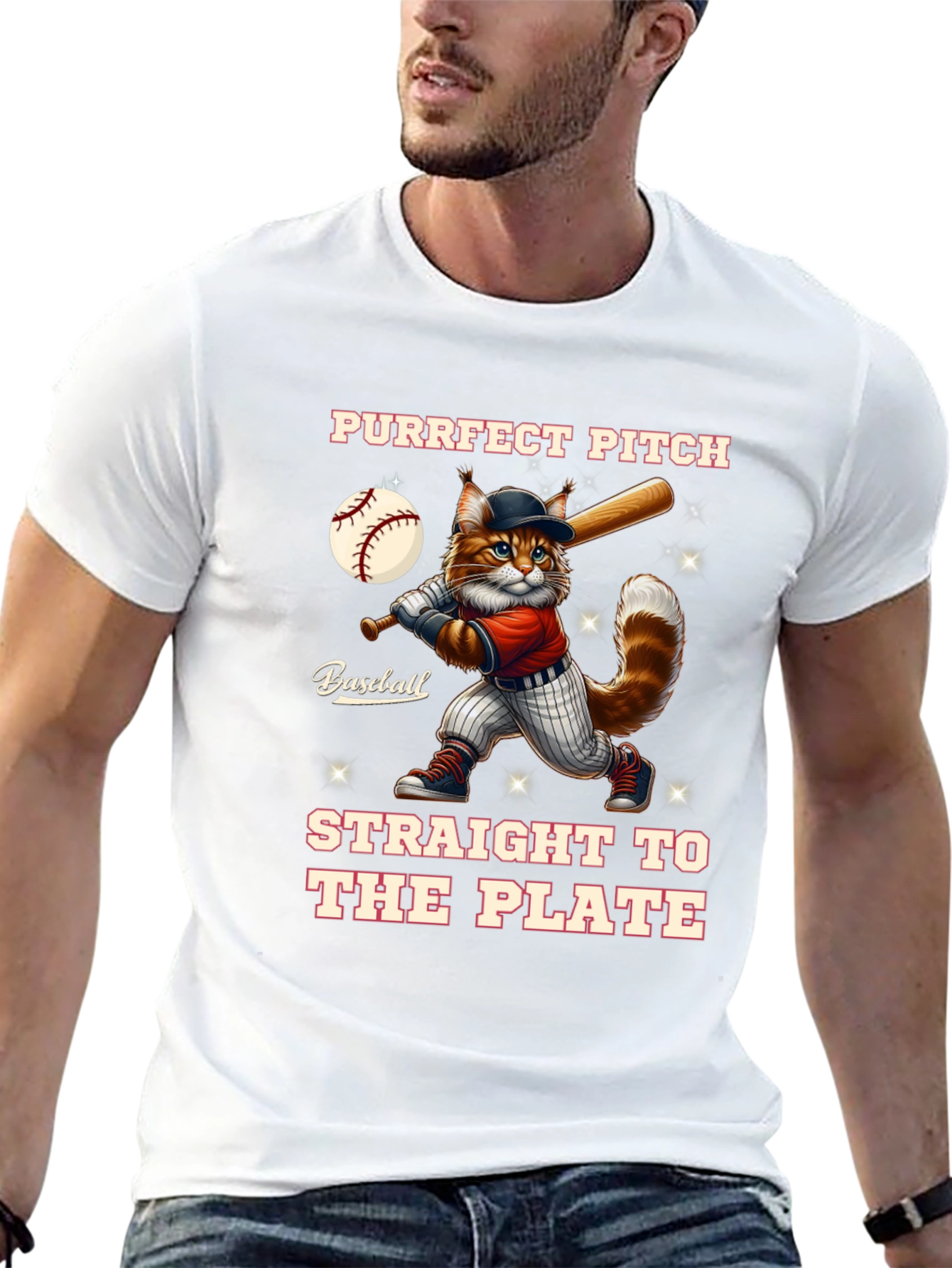 Purrfect Pitch Baseball Cat Graphic T-Shirt