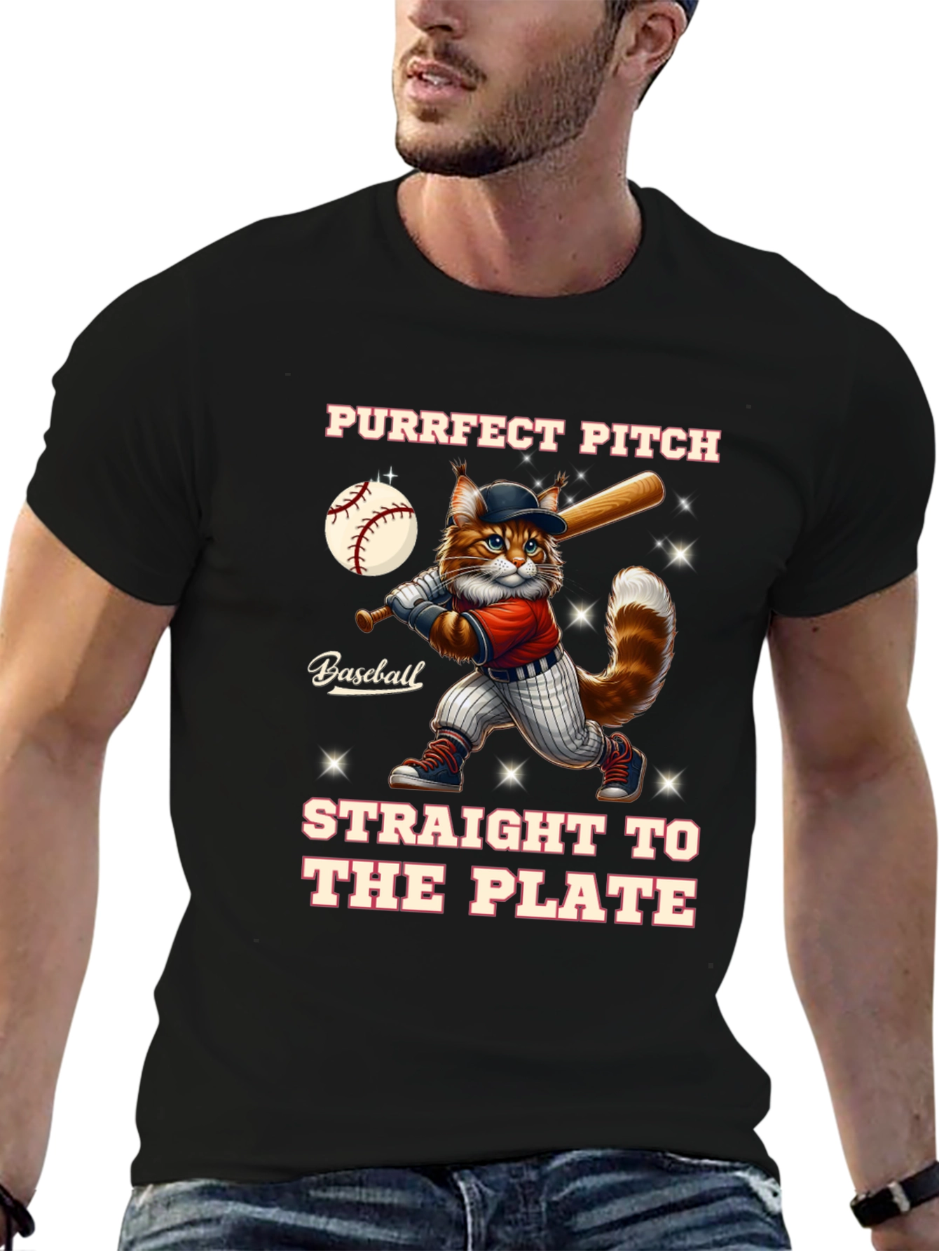 Purrfect Pitch Baseball Cat Graphic T-Shirt