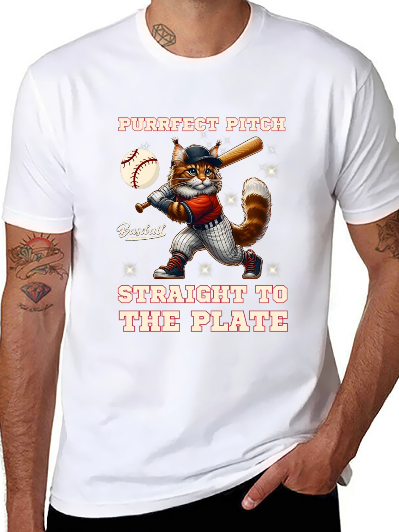 Purrfect Pitch Baseball Cat Graphic T-Shirt