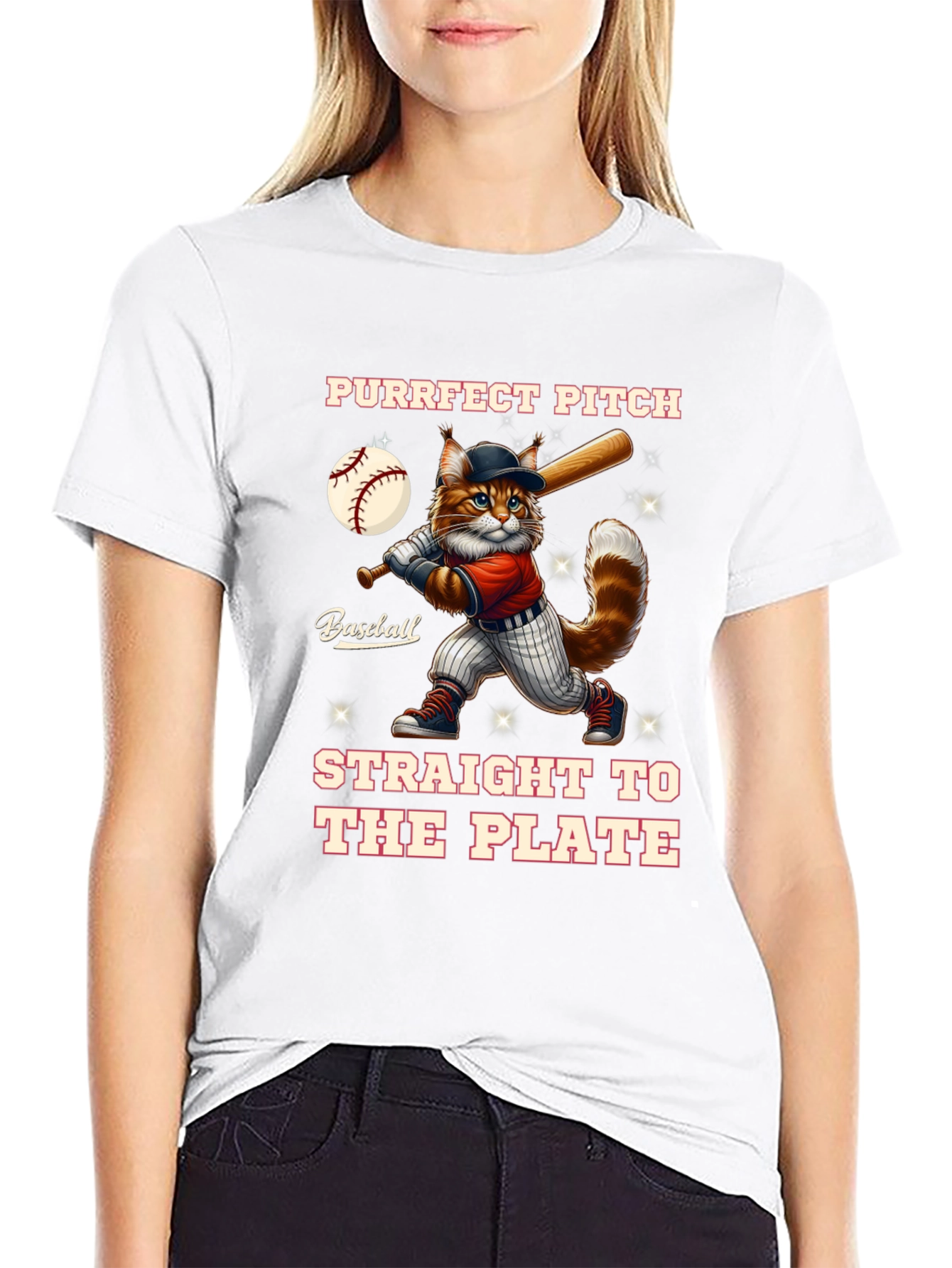 Purrfect Pitch Baseball Cat Graphic T-Shirt