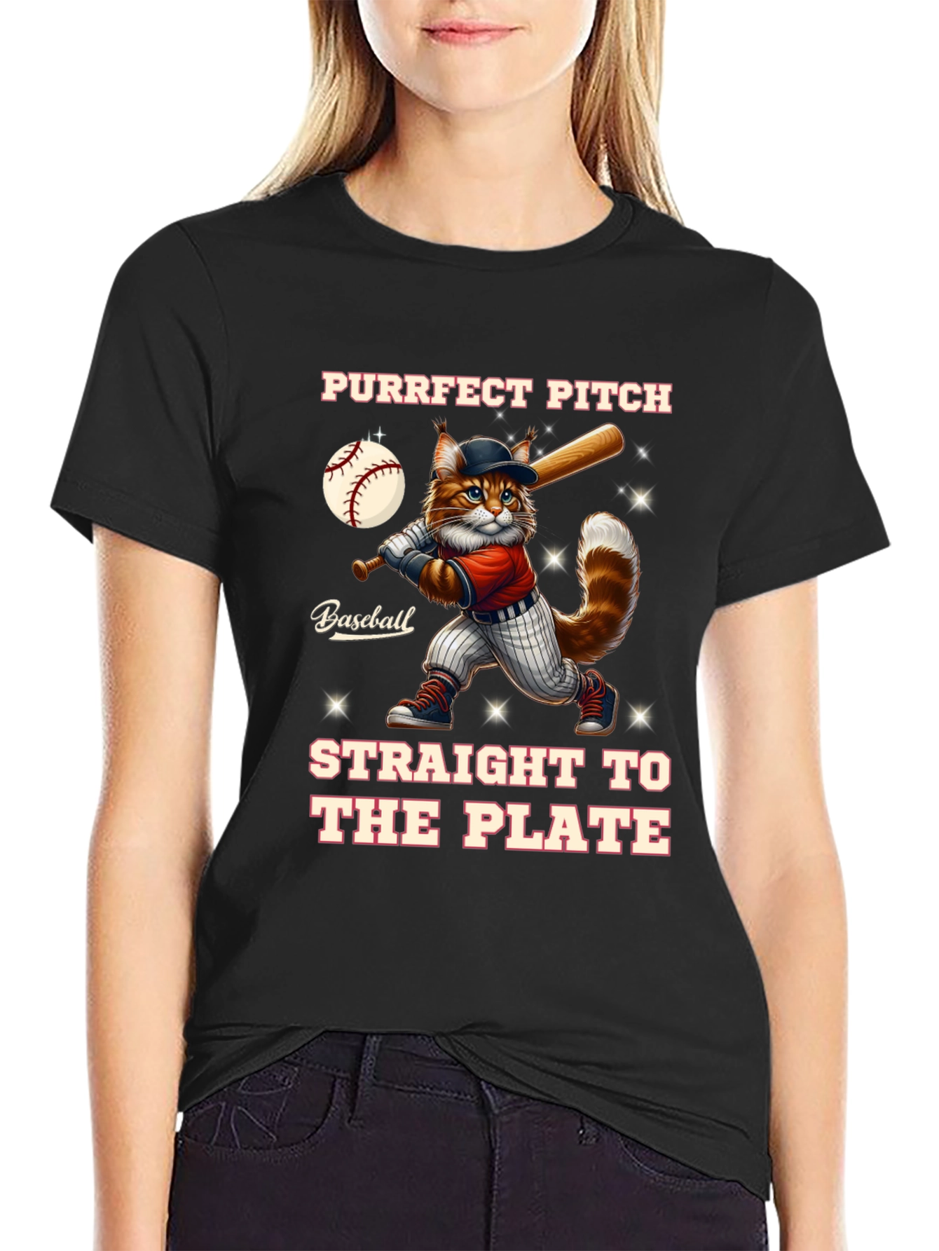 Purrfect Pitch Baseball Cat Graphic T-Shirt