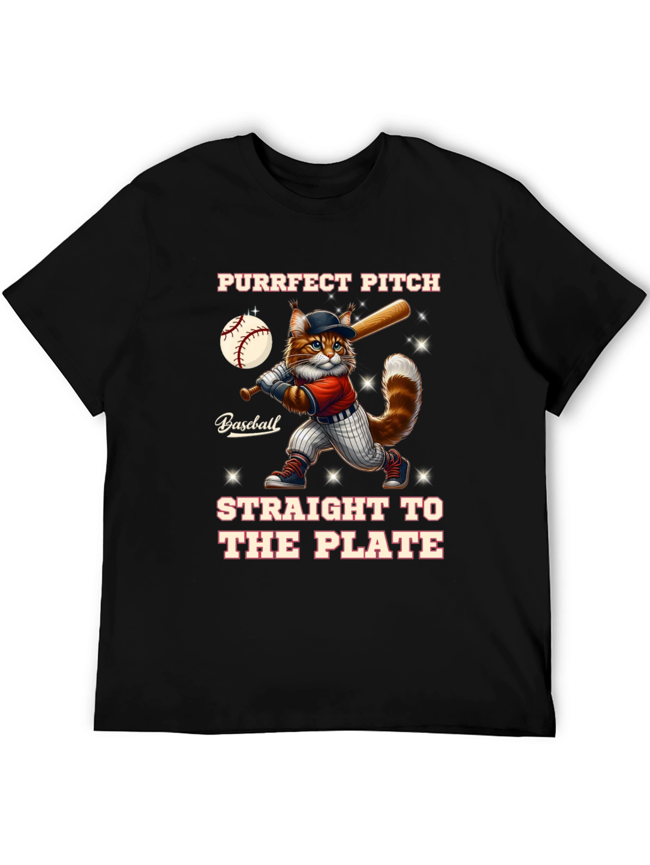 Purrfect Pitch Baseball Cat Graphic T-Shirt