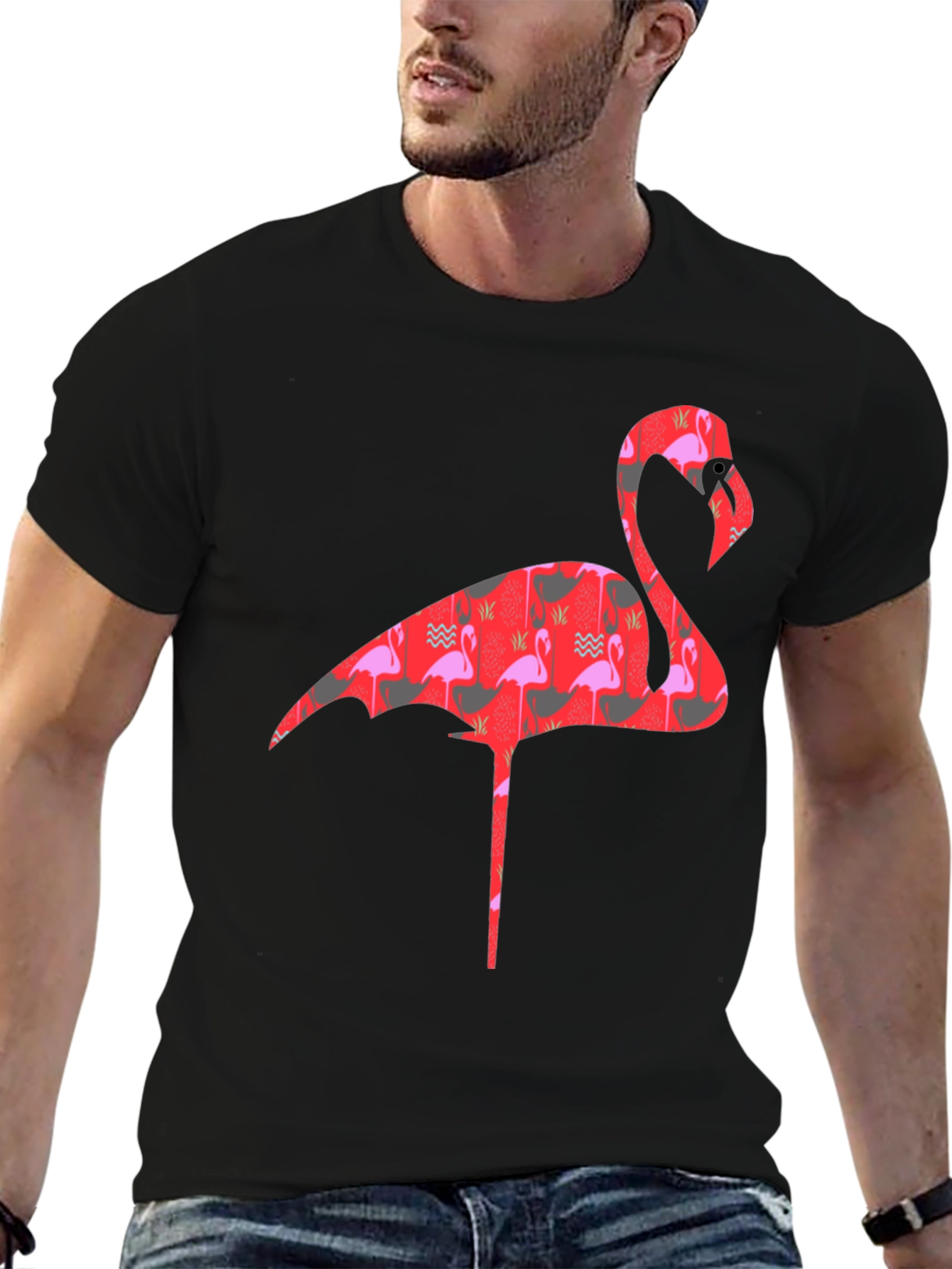 Flamingo Print Mens Black T-Shirt